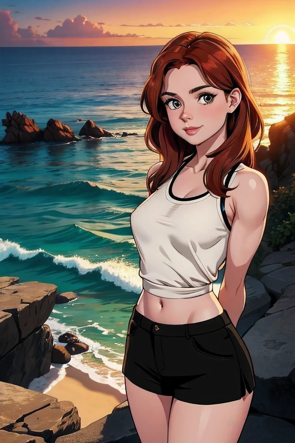 1girl, long hair, auburn hair, hair-part, hazel eyes, hourglass figure, large breasts, busty, (wide hips:0.85), thin waist, mascara, rosy cheeks, smokey eyes, lipstick, (beautiful, gorgeous:1.1), ([Amy Adams|Isla Fisher|Jenna Fischer]:1.2), (camisole:1.1), short shorts, flirty, smirk, tease, playful, naughty, (looking at viewer:1.4), standing, (arms behind back:1.5), detailed background, cliff overlooking the ocean, sea waves, rocky cliff, sunset, sunset, dusk, burnt sienna, golden glow, dark violet, (linework:1.1)