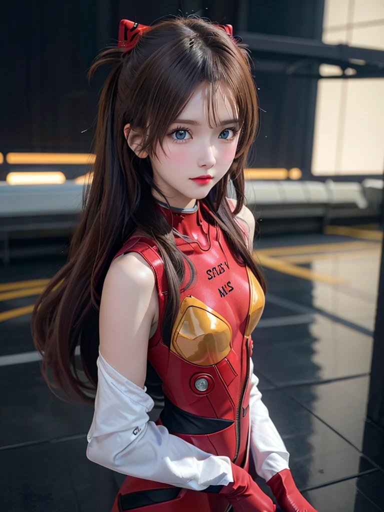((Best quality)), ((Masterpiece)), (Details: 1.4), 3D, Asuka Langley Soryu, Asuka, high resolution (high dynamic range), ray tracing, NVIDIA, super resolution, Unreal 5, subsurface scattering ,PBR texturing, post-processing, anisotropic filtering, depth of field, maximum sharpness and sharpness, multi-layered textures, albedo and specular maps, surface shading, accurate simulation of light and matter interaction, perfect proportions ,Octane Rendering,Two-Tone Lighting,Wide Aperture,Low ISO,White Balance,Rule of Thirds,8K RAW,(Masterpiece: 1.4, Best Quality), (Intricate Details), Unity8k Wallpaper, Highly Detailed, Beautiful and Mysterious, Details background, realistic, alone, perfectly detailed face, detailed blue eyes, highly detailed, blush, hair ornament, chignon mahogany hair, (blonde), plug suit 02, Shikinami Asuka Langley, Evangelion, Slender , full body suit, black background, above the waist,composition that shows the whole body,