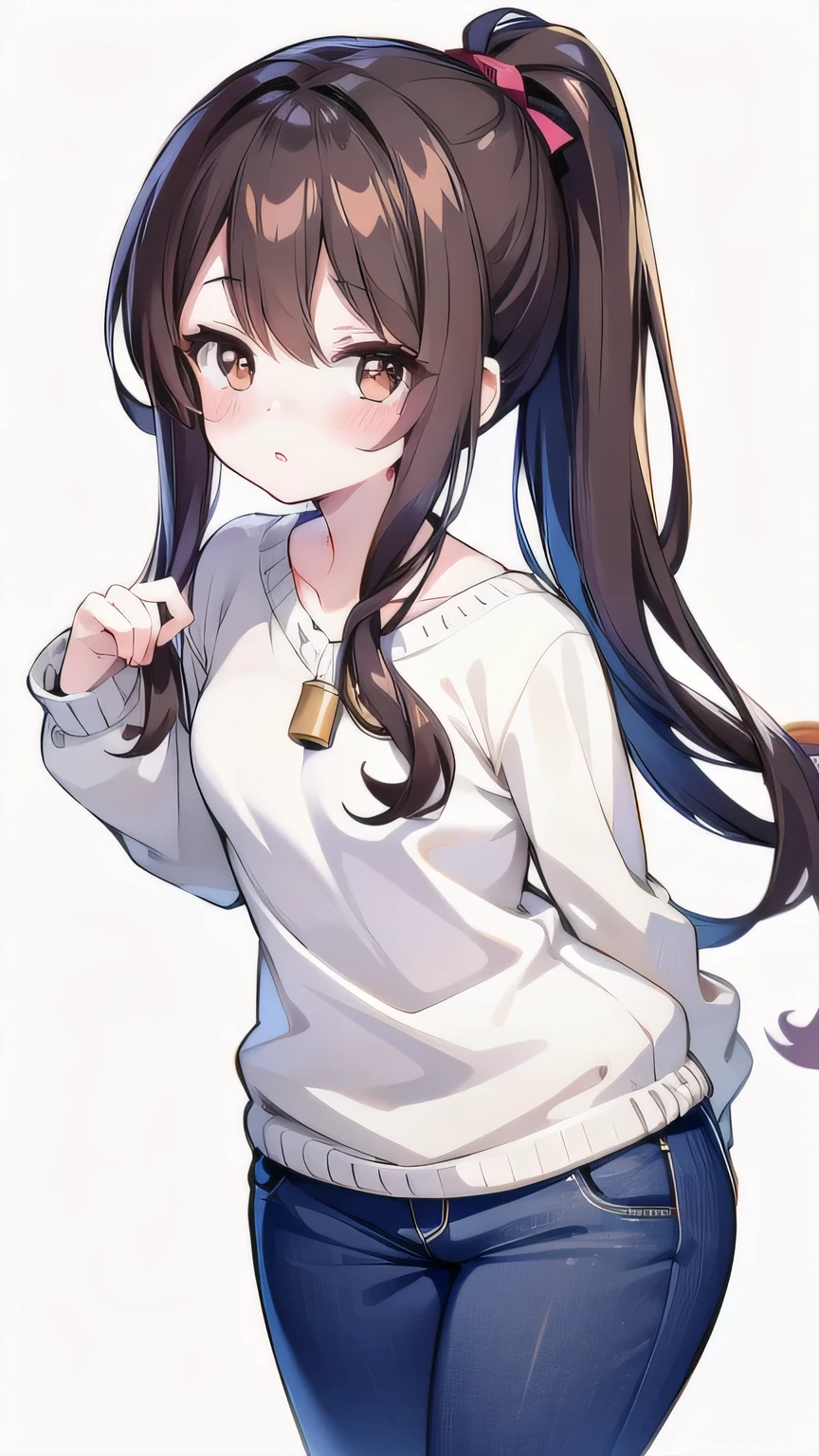 anime,Brown haired woman,Woman with ponytail,Brown eyes,Body type is slightly chubby,Her breasts are small,Small ,Small breasts,Sweater and jeans