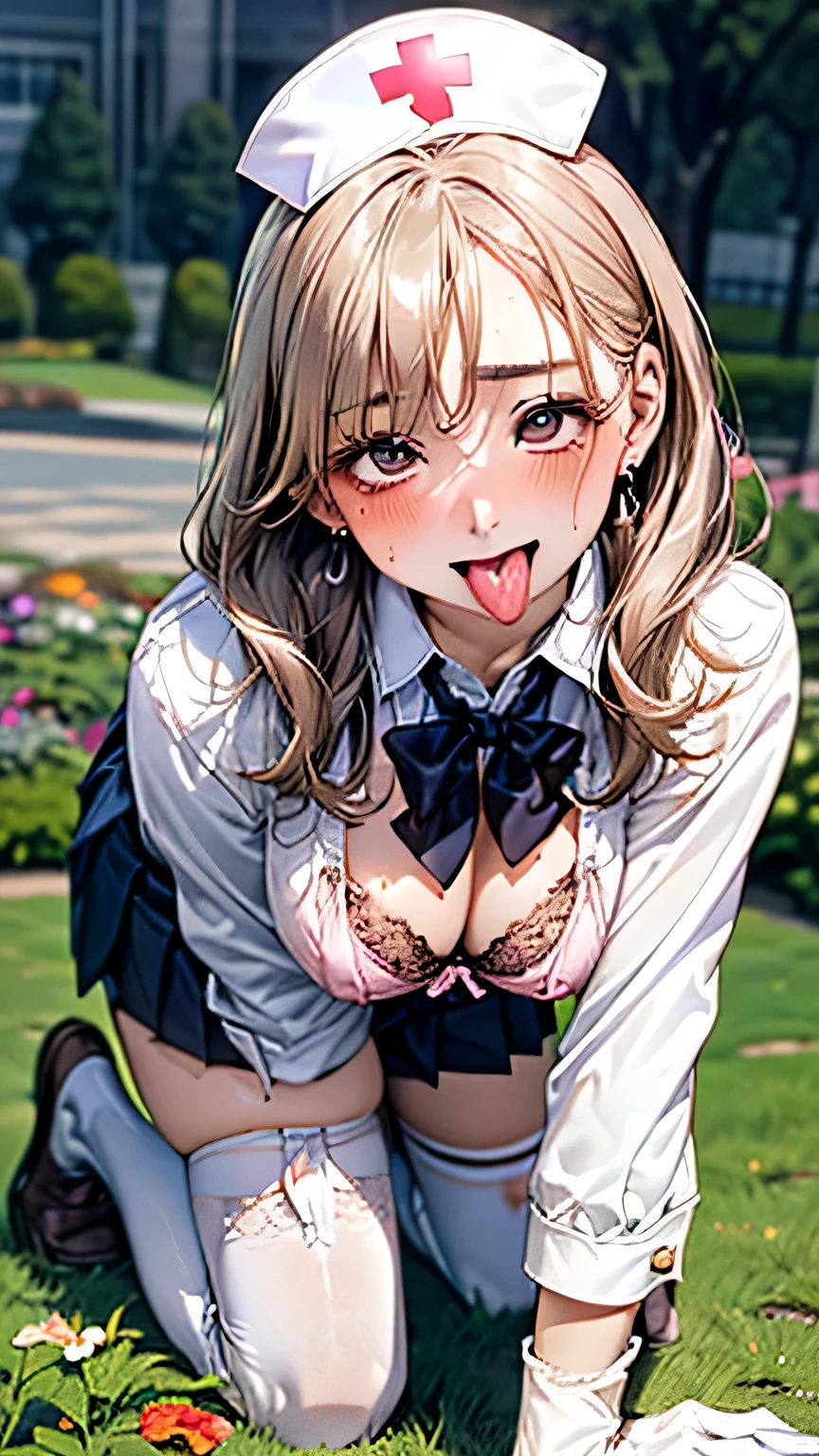 (masterpiece:1.2, highest quality), (Realistic, photoRealistic:1.4), Beautiful illustrations, (Natural Side Lighting, Cinema Lighting), Browsing Caution, (((Put on the collar.On all fours,Crawl,Place both hands and feet on the ground,Underwear in full view)),
Japanese, ((1 high school girl,)),Perfect Face, Cute and symmetrical face, Shiny skin,
Blonde, blue eyes, Pink Lips, Baby Face, Mole under the eye, ((Nurse Cap, Short sleeve, light pink nurse wear, ((White legwear, zettai ryouiki)), White gloves)),Long eyelashes, (Large Breasts:1.5, Thick thighs),
Beautiful Hair, Beautiful Face, Beautiful details, Beautiful clavicle, Beautiful body, Beautiful breasts, Beautiful thighs, Beautiful legs, Beautiful fingers,
((((Long sleeve)), Roll up your sleeves, White collared shirt, Navy Pleated Mini Skirt, Black socks, Brown Loafers, Red bow tie, White lace bra,Big earrings,Big breasts spilling out of the bra)), Pink Panties,
evening,classroom, (Sexy Eyes, squint,Watery eyes,Troye), (((Spread your legs wide)))、Spread your legs、Spread your legs,(((Stick your tongue out,Embarrassed face,Embarrassed,blush))),Drooling,Sweat,Soaking wet,(((Unbutton all the buttons on your uniform,Show me your underwear))),(((Shooting from under the crotch,Low - Angle,Crotch and chest are completely visible))), , Red nose, saliva, Ecstasy, close your eyes, , whole body, Touching the groin, (Rubbing the crotch with your hands:1.2), Provocative pose,(garden:1.5),Open your mouth