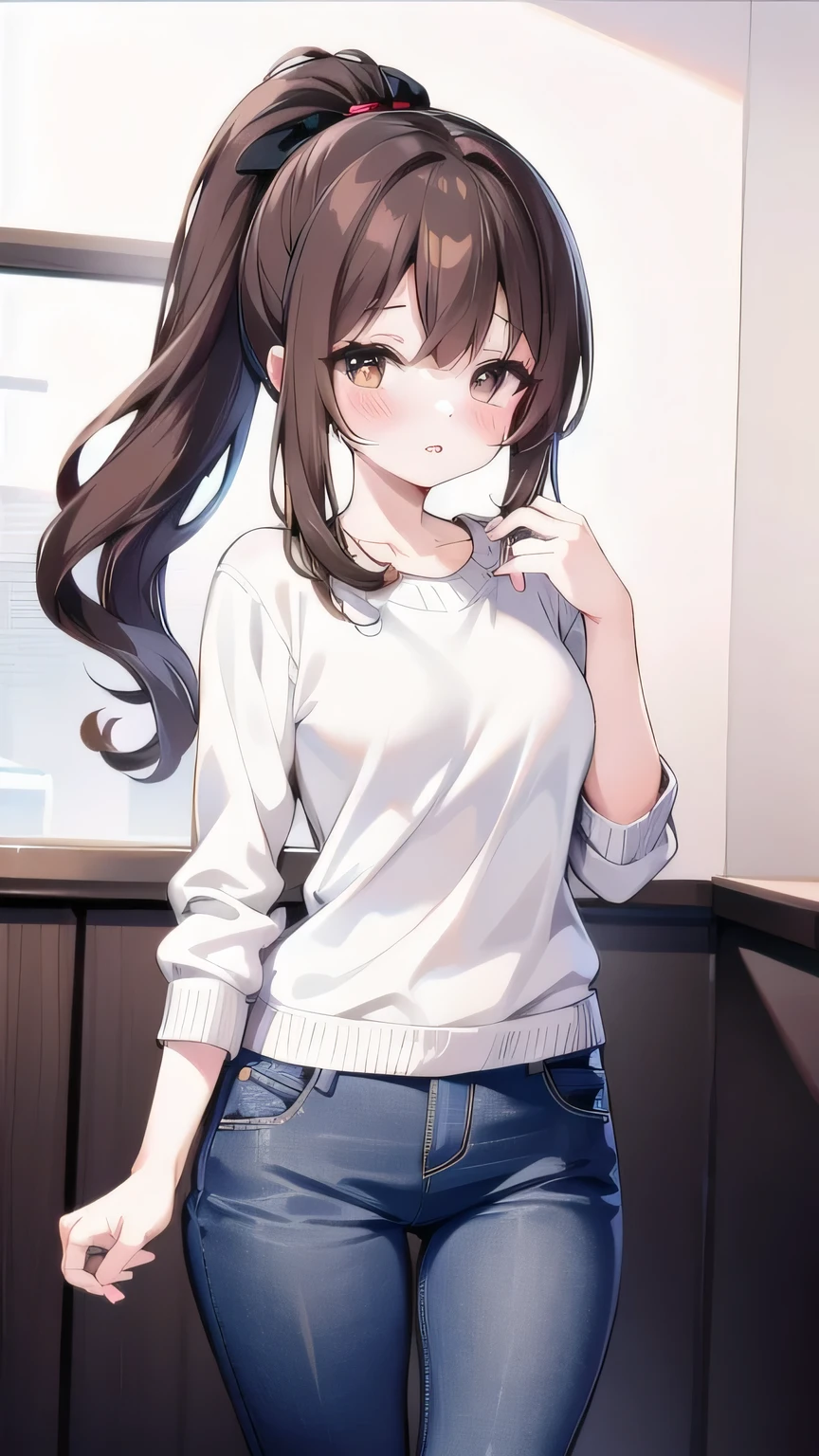 anime,Brown haired woman,Woman with ponytail,Brown eyes,Body type is slightly chubby,Her breasts are small,Small ,Small breasts,Sweater and jeans