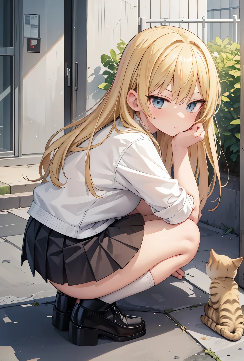 masterpiece, best quality, extremely detailed, anime, ,((Yankee girl)), ((squatting)), , glaring, skirt, blonde hair,with kitty