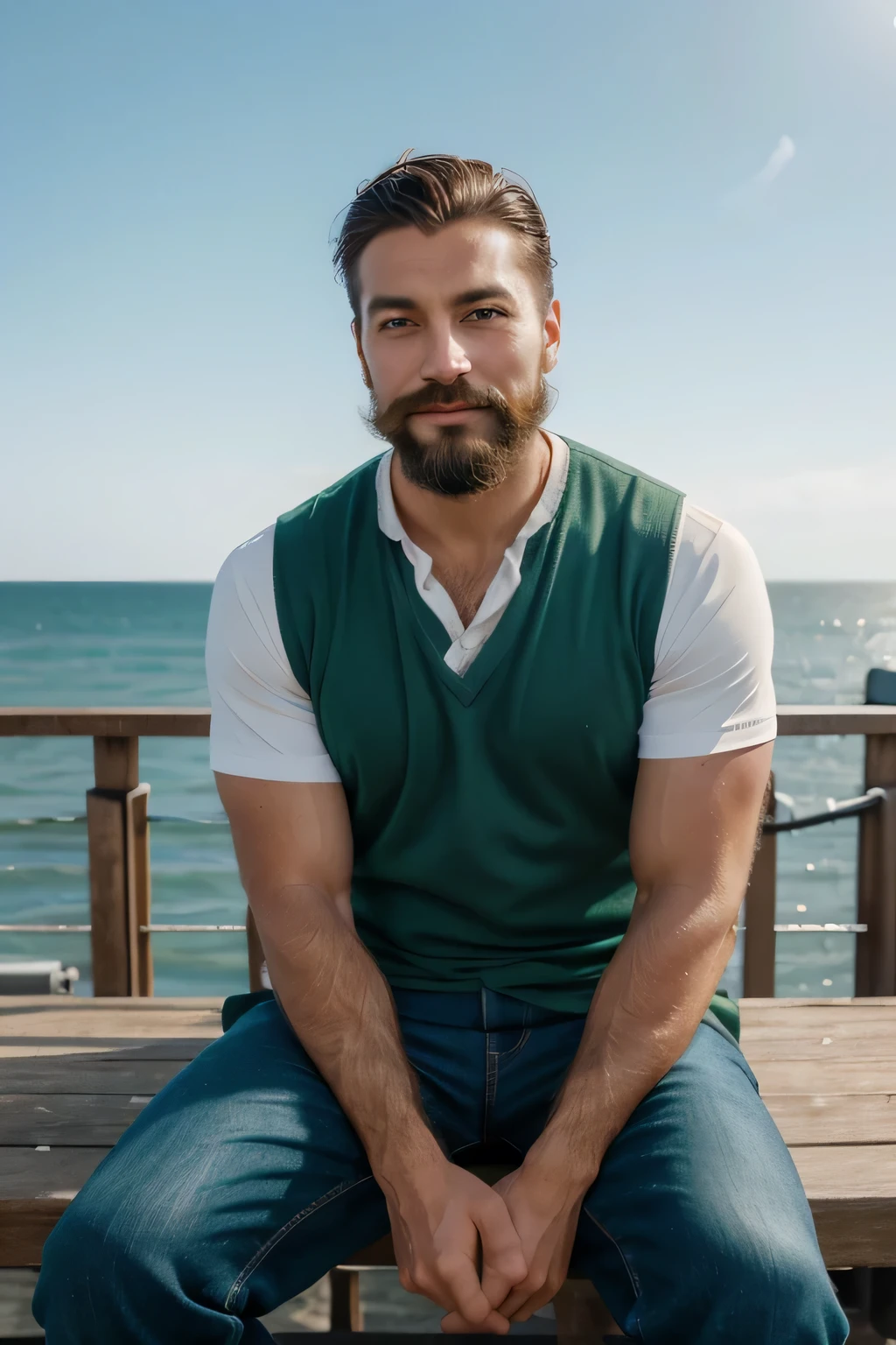 A photorealistic portrait of a successful, confident 30-year-old male entrepreneur. Emphasize his expressive green eyes , groomed beard and mustache , a strong jawline, and a subtle, knowing smile. sitting on a pier railing and looking at the sea, he is wearing summer clothes