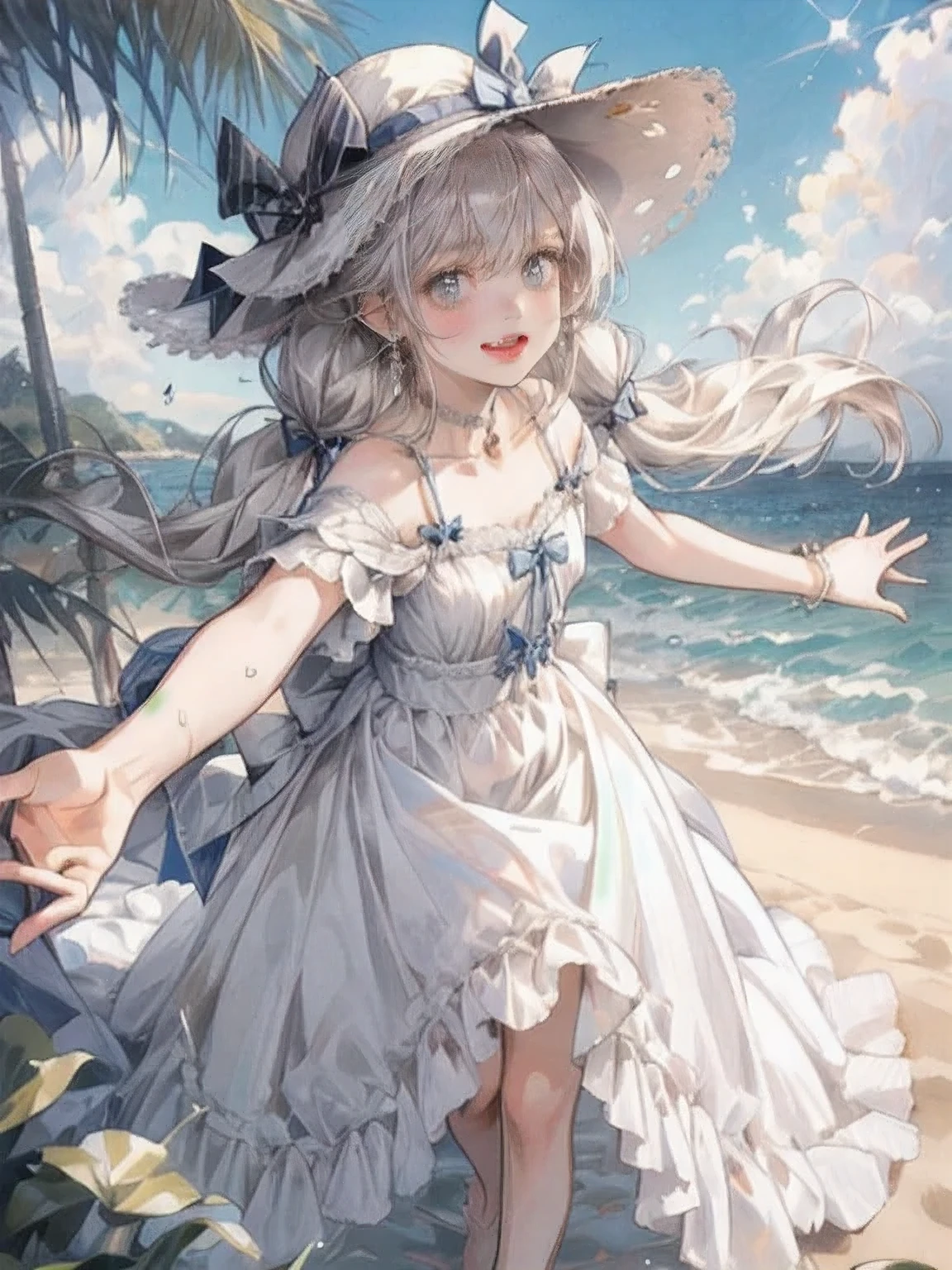 (masterpiece),(highest quality),highres,8k,(an extremely delicate and beautiful),(extremely detailed),Amazing,finely detail,
1girl, solo, long hair, breasts, looking at viewer, blush, bangs, bow, twintails, jewelry, hair bow, grey hair, earrings, lying, low twintails, smile, open mouth, hat, dress, bow, standing, :d, outdoors, sky, barefoot, day, cloud, water, delicate white dress, blue sky, ^_^, ocean, beach, outstretched arms, sun hat, sundress, white dress, vibrant colors,beautiful delicate(hair,eyes,pupils.lips,dress,hat), sparkling eyes, shining lips