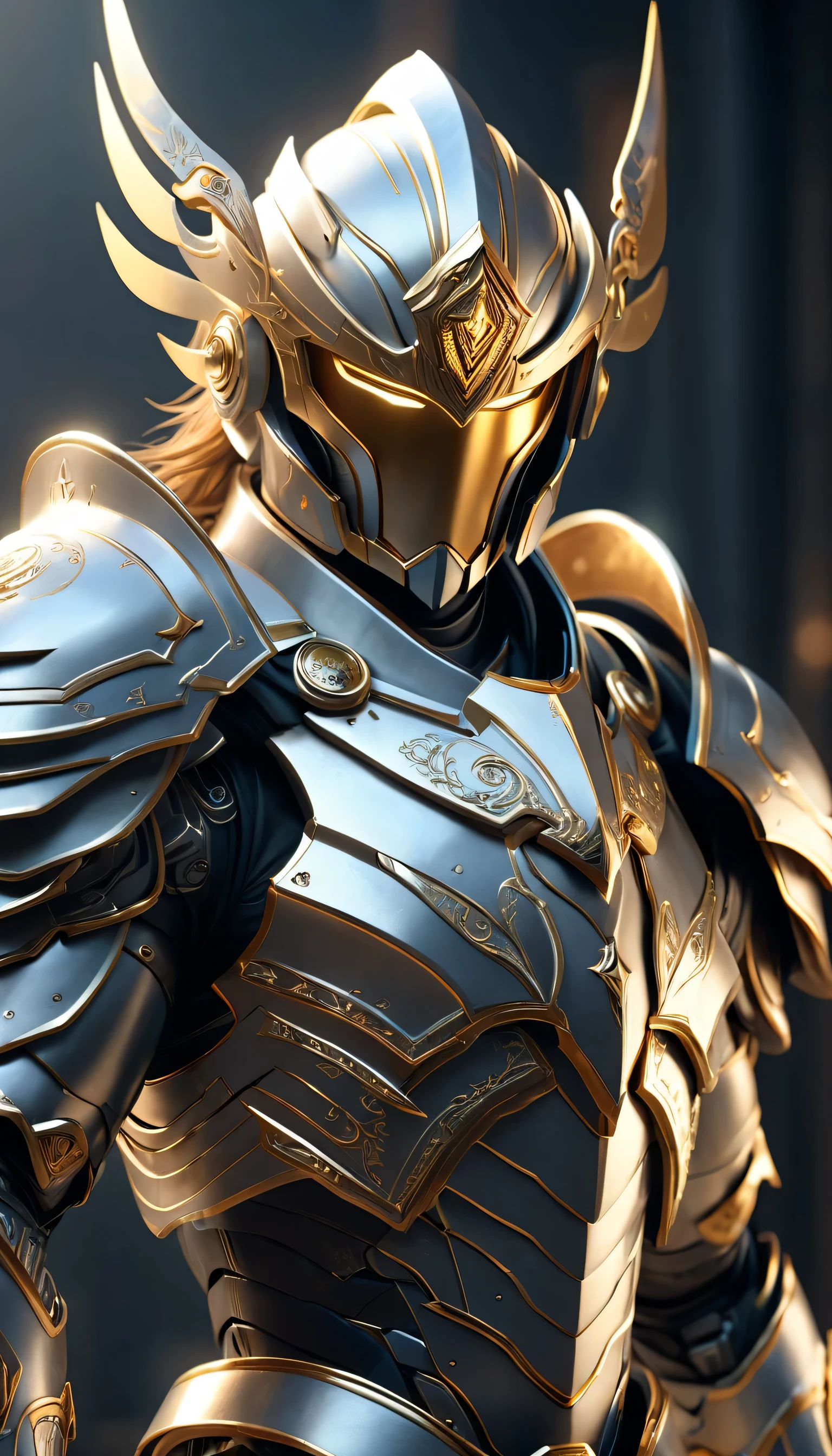 masterpiece， best quality， high quality， （Futurism：1.1）， （Paladin holding the Sword of Light, Light Magic, Holy, Magic Wave, Silver and gold）， Movie Lighting， （Exquisite future）， Pretty and beautiful，Face armor，helmet，Runes， Super detailed， great composition， floating， Depth of Field， （Very detailed CG，Unity 8k Wallpaper）， （Beautiful details background）， Beautiful hair details， Dramatic Lighting， Gogita， Mecha，best quality，Ultra-high resolution，Reality