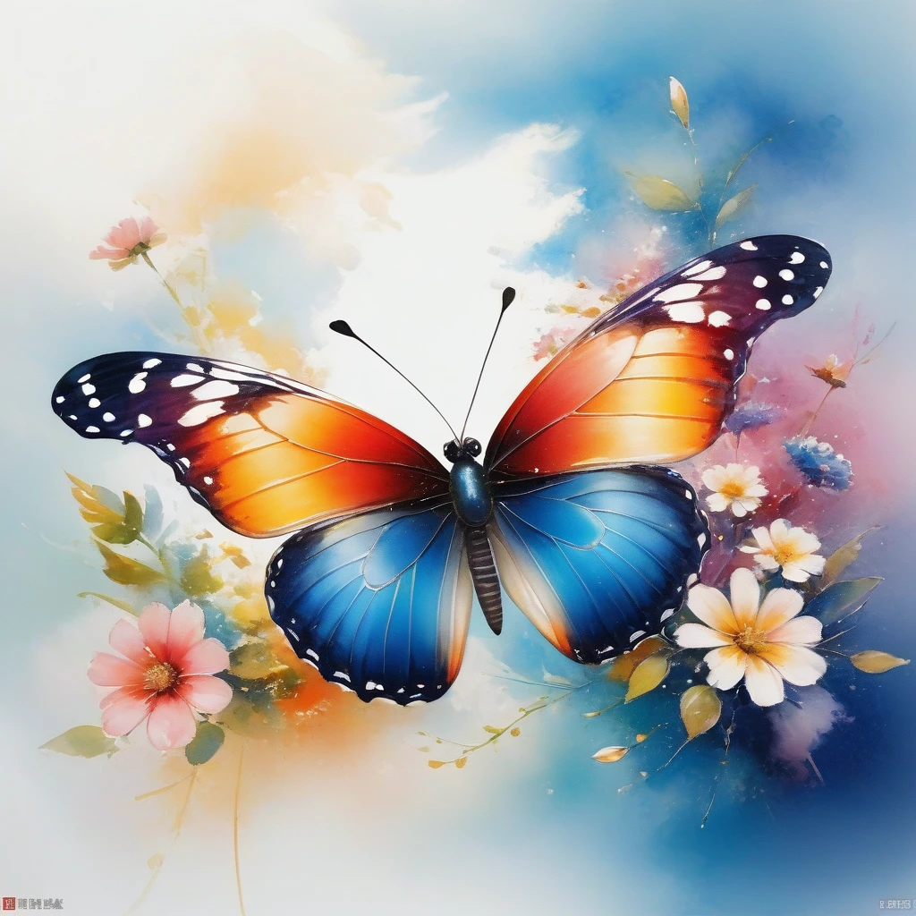 butterflies are painted with 鲜花和Butterfly on a white surface, harmony of Butterfly, Butterfly, 鲜花和Butterfly, mechanical Butterfly, Highly realistic, With beautiful wings, Beautiful digital artwork, Beautiful digital art, Beautiful and realistic, author:Sim Che Tsai, photo of a mechanical Butterfly, Beautiful and gorgeous digital art, beautiful art, 2 0 2 0, 2020