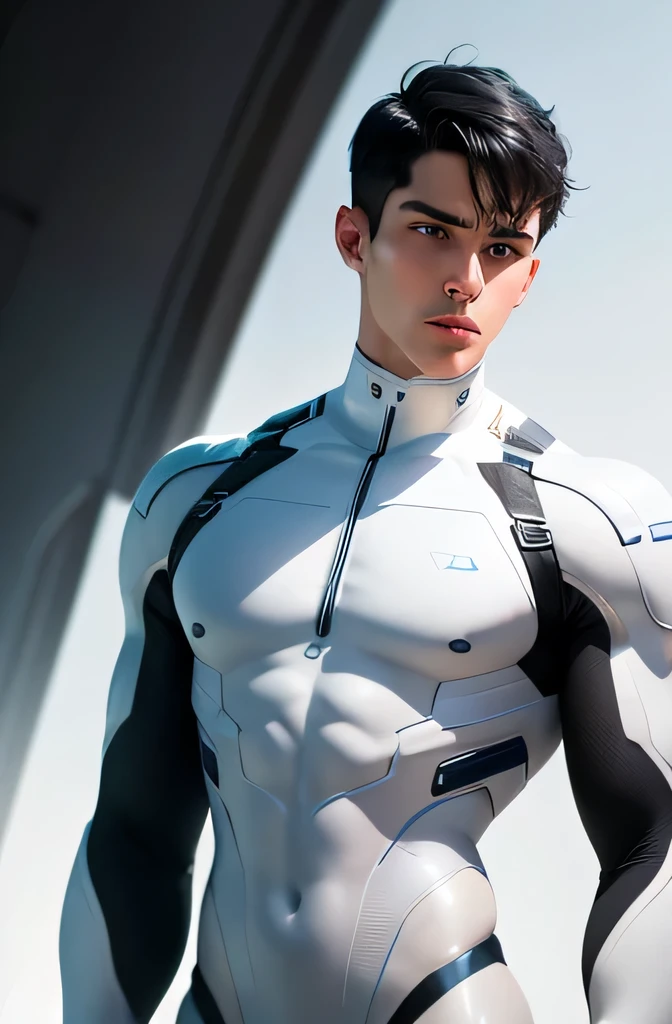 Handsome　A refreshing 22-year-old man　Short black hair cut　Short Hair　A tight rubber suit that is all white with a touch of blue　Compression suit full body 　White gloves　Male slim muscular man　Big Moccoli　Photo looking down　Realistic images　Powerful pose　Future World　Various instruments　Walk towards the camera　Science fiction