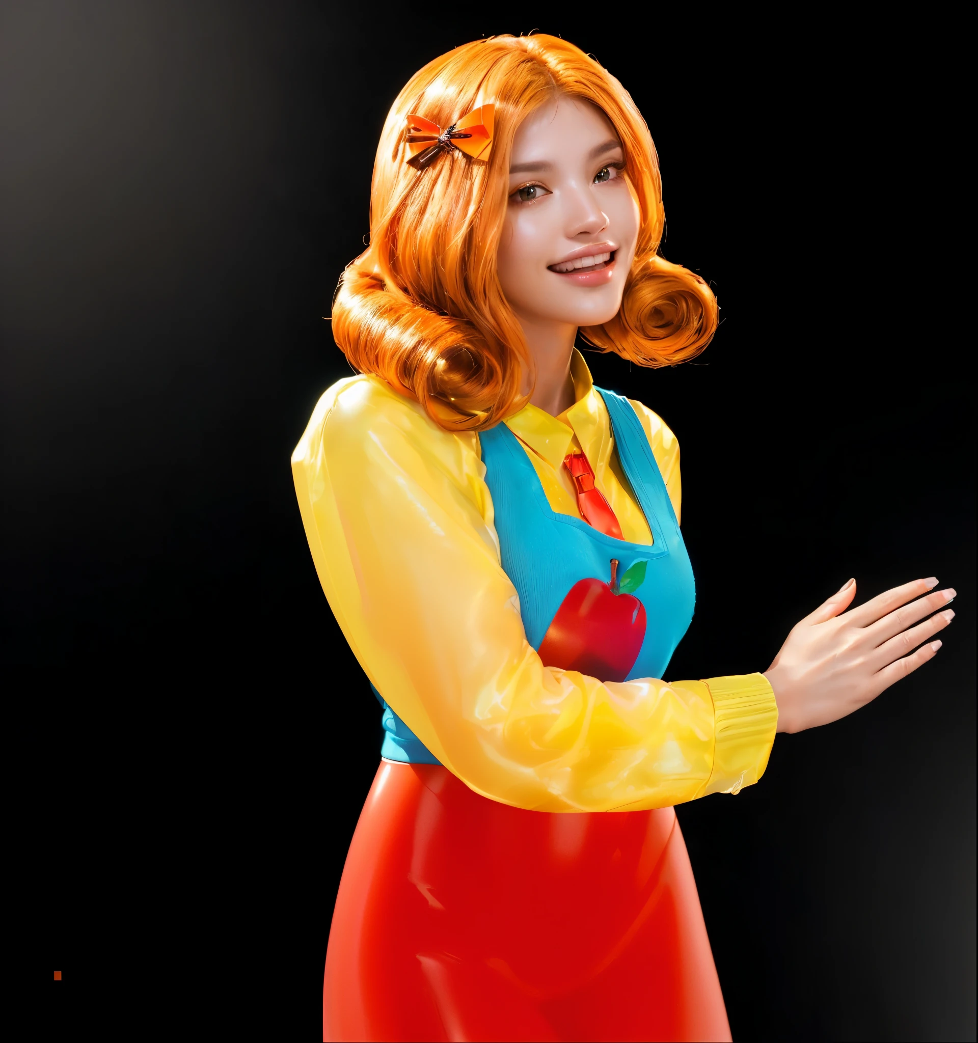 A woman with orange hair and a red apple on her shirt. glossy texture, smooth 3d model, multiple light sources, rim light, sharp post effects render, (glossy plastic texture with multiple big light probe refractions), perfect cgi, smooth silhouette, high intensity refraction, (super glossy material), most beautiful vfx, blue background, plastic refractions, realistic, 4k, high resolution, rim light, photo shoot, commercial photo, profile shot, 4k, rim light, high resolution, 4k, glossy texture, smooth 3d model, multiple light sources, rim light, sharp post effects render, (glossy metallic texture with multiple big light probe refractions),