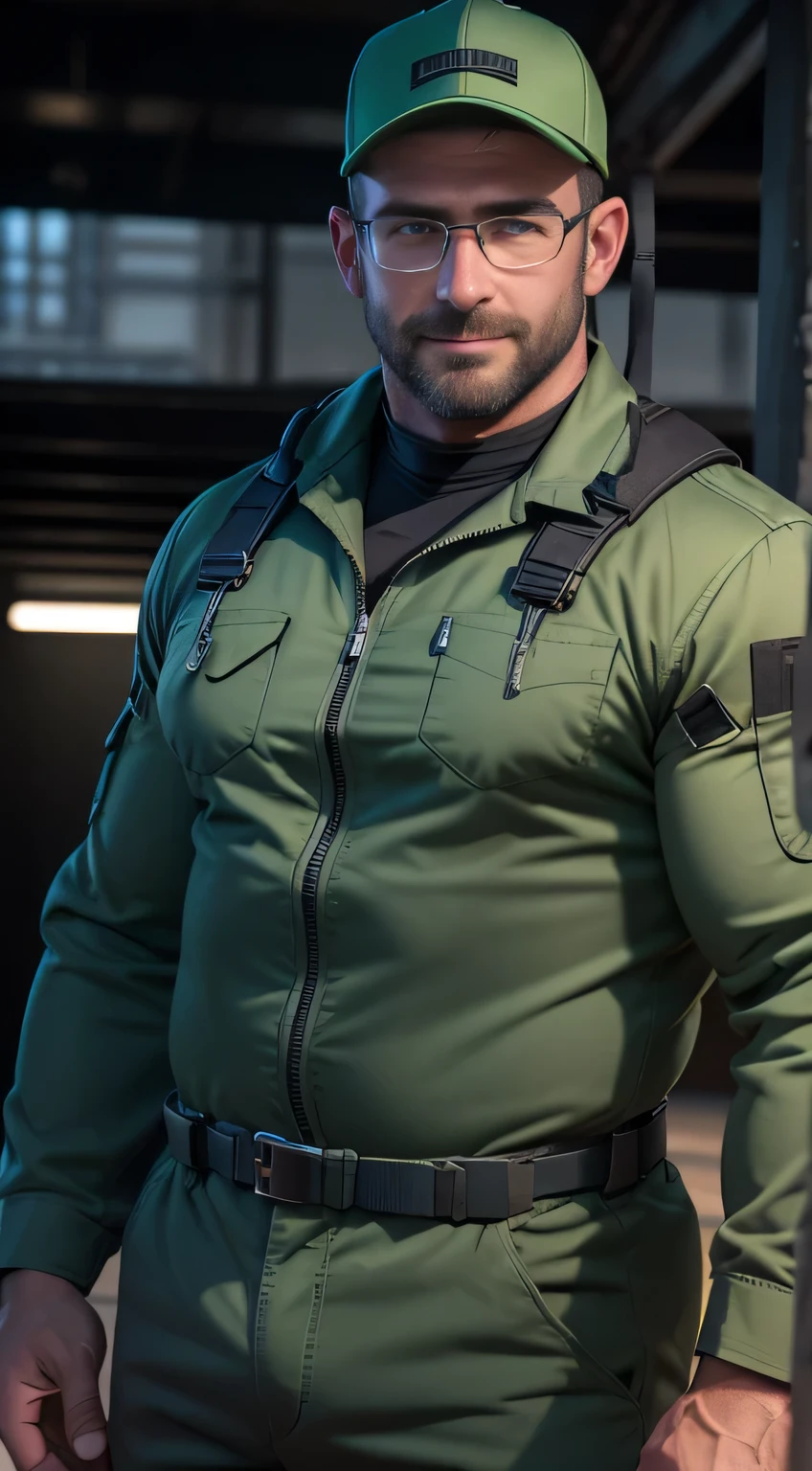 An award-winning original photo,A wild muscular man, (40 years old daddy:1.1), 1boy, Solo, (green longsleeves mechanic jumpsuit), (tool belt), (green baseball cap), black hair, (big shoulders), musculature, stubbles, Short beard, Beautiful eyes:1.3, ), (Detailed face:1.3), wearing glasses, smiles, Dynamic Angle, volumetric lighting, (Best quality, A high resolution, Photorealistic), Cinematic lighting, Masterpiece, RAW photo, Intricate details, hdr, depth of field, garage