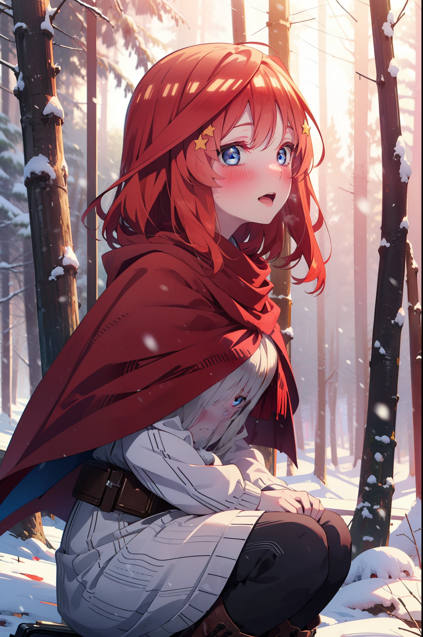 itsukinakano, Itsuki Nakano, bangs, blue eyes, Hair between the eyes, Ahoge, Redhead, star \(symbol\), hair ornaments, star hair ornaments,smile,blush,White Breath,
Open your mouth,snow, fire, Outdoor, boots, snowing, From the side, wood, suitcase, Cape, Blurred, Increase your meals, forest, White handbag, nature,  Squat, Mouth closed, フードed Cape, winter, Written boundary depth, Black shoes, red Cape break looking at viewer, Upper Body, whole body, break Outdoor, forest, nature, break (masterpiece:1.2), highest quality, High resolution, unity 8k wallpaper, (shape:0.8), (Beautiful and beautiful eyes:1.6), Highly detailed face, Perfect lighting, Extremely detailed CG, (Perfect hands, Perfect Anatomy),