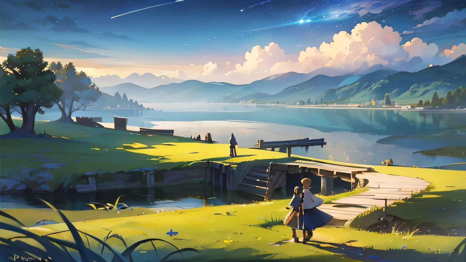 (Very detailed), ((masterpiece)),(material), Complex, Digital Painting,Shadow ,Wind view , Fantasy,Delicate steppe,(Pier:1.3),(lake:1.3),(Viriage:1.2),Light,sunny ,Wind ,Beautiful sky ,cumulus ,(Stars at night)