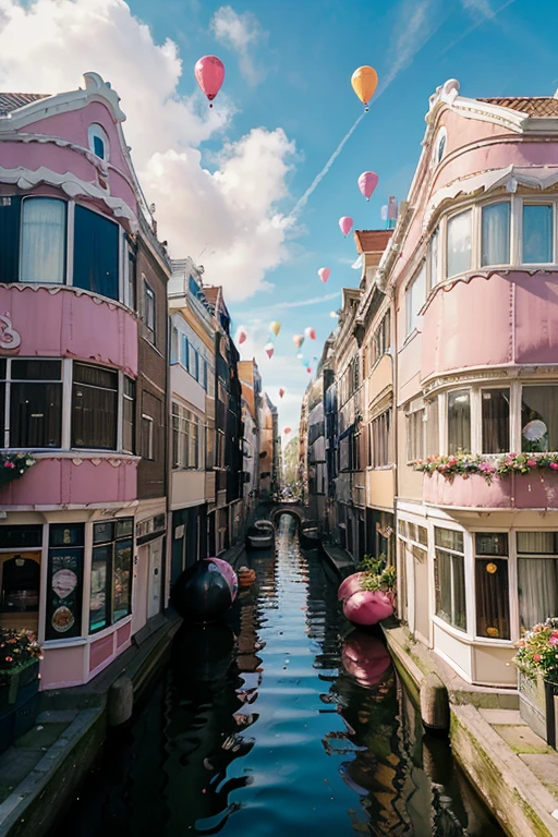 hyperrealism, Giant exotic pink brightly colored flowers grow over the canals and houses of Amsterdam, people look at the flowers towering over them, flowers everywhere, lots of flowers. The roofs of the houses are covered with thick multicolored fox fur, inflatable festive pink balloons fly from the windows of the houses. Metal colored spaceships float in the sky above the houses, looking like futuristic airships, the future has arrived.