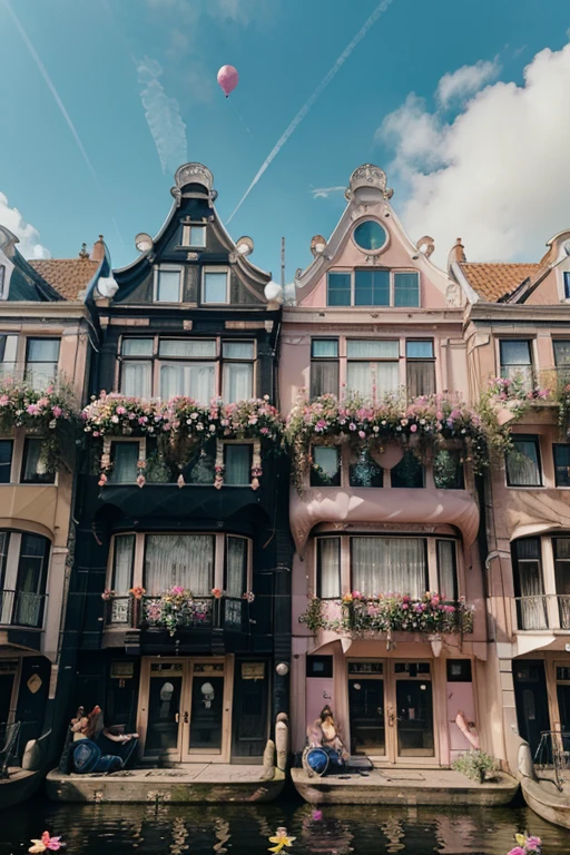 hyperrealism, Giant exotic pink brightly colored flowers grow over the canals and houses of Amsterdam, people look at the flowers towering over them, flowers everywhere, lots of flowers. The roofs of the houses are covered with thick multicolored fox fur, inflatable festive pink balloons fly from the windows of the houses. Metal colored spaceships float in the sky above the houses, looking like futuristic airships, the future has arrived. 