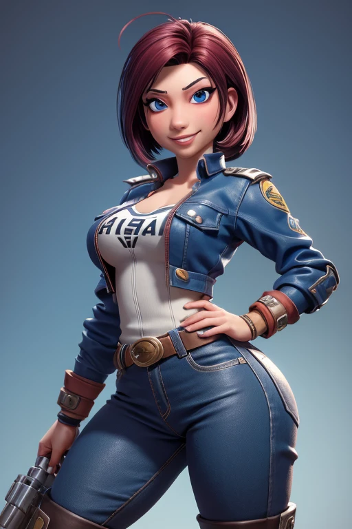 mejor calidad, high resolution, Y18, 1 chica, androide 18, solo girl, 1 chica, pelo rubio, blue eyes, Capitana Marvel, belt, botas rojas, body largo azul y rojo, bufanda larga de piloto, Camisa azul de manga larga, pendientes, guantes rojos, pechos medianos, tiro de vaquero, sonrisa sexy, postura de combate.