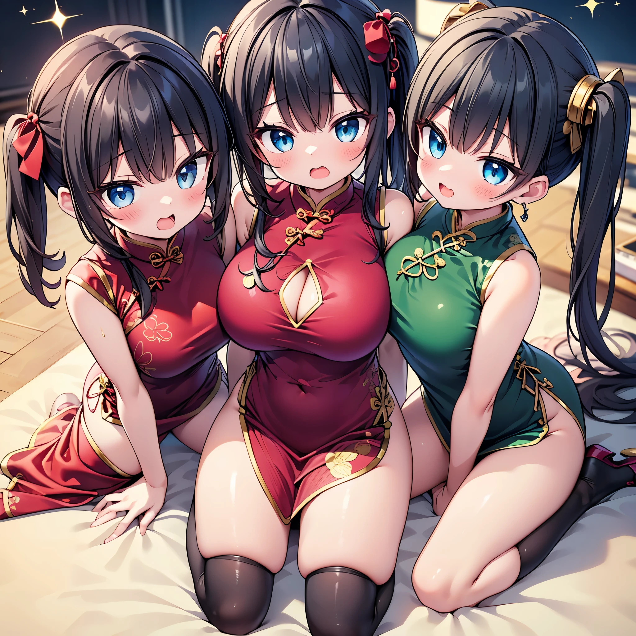 highest quality,wonderful,finely,extremely detailed CG Unity 8K wallpaper, (Stand in line:1.2), (3 girls, cute eyes, ((red short cheongsam dress:1.2), golden pattern cheongsam), Black Hair, side ponytail, clothed), (sparkling eyes:1.2), (huge breasts:1.2), (wariza:1.4), (cleavage), (open mouth:1.1), (long tongue:1.1), (mouth drool:1.1), (black stockings:1.1),(Thighs:1.2),(Waistline:1.1),(Waistline), (From above)