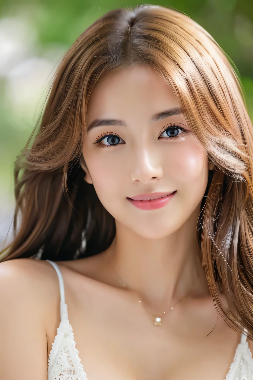 (((8ｋ,Attention to detail,Attention to detail、highest quality，masterpiece,Attention to detail,))),RAW Photos & Realistic atmosphere,Beautiful dark eyes,Mouth Details,Glossy Lips,Thin eyebrows,beautiful Eyes、Soft white skin that shines in every detail、Her deep black eyes are very beautiful, Very beautiful face,Very beautiful face、A vivid face,beautiful, Glowing Lips,beautiful Eyebrows,Infinite Reality, Realistic Young Gravure Idol,Very cute woman , Young Gravure Idol, Young Gravure Idol, とても美しくてかわいいbeautiful 21 year old beauty,Incredibly beautiful and elegant，beautiful 21 year old beauty,Natural soft light,A little brown hair，（Shiny Hair,,beautiful and kind eyes：1.5）,A kind smile,Shapely breasts,Medium Long Hair,beautiful posture,No makeup,Watching the Future,