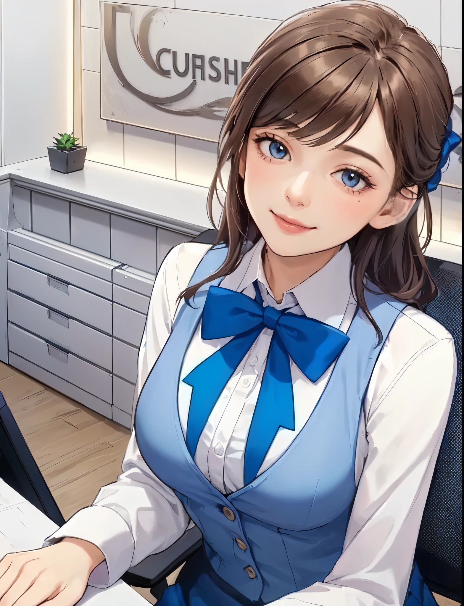 1lady solo, sitting, (looking up) (from above), office worker, ((vivid blue vest:1.1) over white dress shirt), mature female, /(dark brown hair/), kind smile, (masterpiece best quality:1.2) delicate illustration ultra-detailed, large breasts, bowtie BREAK (modern office) indoors, (reception desk), (stylish company logo on wall) , detailed background