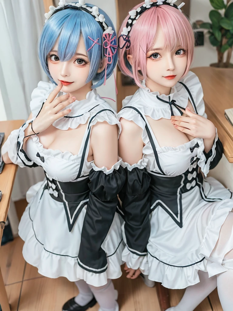 (8K, Photorealistic, Raw photo, of the highest quality: 1.3), (1girl in), Super beautiful, (Realistic face), (boyish, light blue Color Berry Shorthair),(8K, Photorealistic, Raw photo, of the highest quality: 1.3), (1girl in), Super beautiful, (Realistic face), (boyish, pink Color Berry Shorthair), Beautiful , Glare that captivates the viewer, Beautiful expression, Beautiful breasts, (Realistic skin), Be...Create a detailed and colorful image of Ram and Rem from Re:Zero, standing back-to-back in their maid outfits, with a magical fantasy background、14years old, two girls,cute, perfect face, beautiful, nice body, gothic lolita clothes, gothic lolita fashion, frilly skirt, headdress, necklace, bracelet, knee-high socks, boots, double eyelids, tear bags, Detailed down to the fingers, photo-like description, indoors, dim indoor lighting, one girl is pink hair and short bob, another girl is light blue hair and short bob,standing, whole body, composition that shows the whole body, smiling,The Both of them are wearing the same type of maid outfit