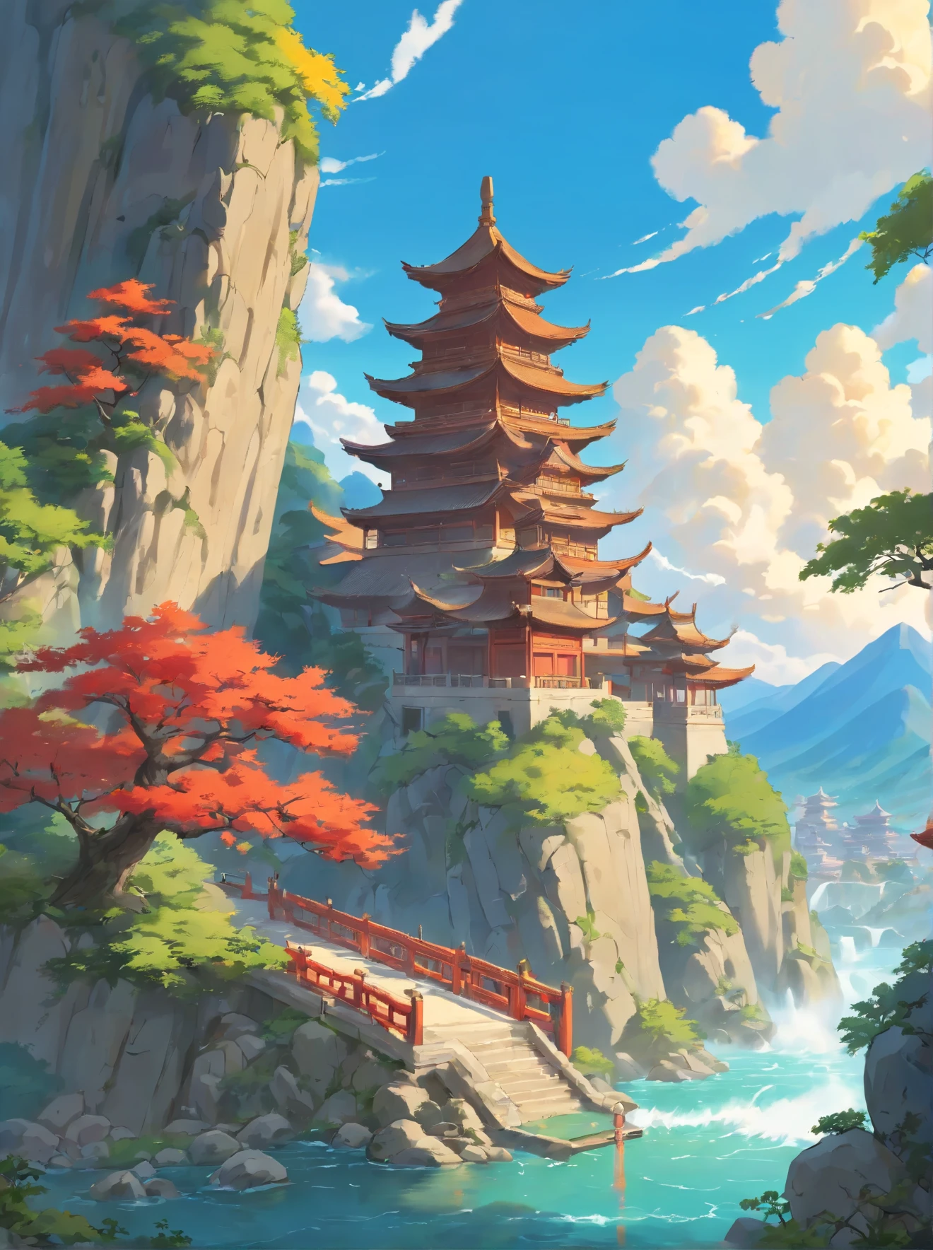 Ancient Chinese scenery, mountains, rivers, auspicious clouds, sunshine, masterpieces, super detail, epic composition, ultra HD, high quality, extremely detailed, official art, unified 8k wallpaper, Super detail, 32k -- v 6
