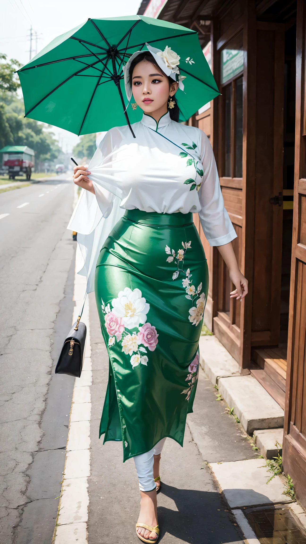 A captivative painting of Myanmar beauty Wearing casual Myanmar green longyi and white blouse, curvy body, perfect boob, sexy posing with a soft green color floral pattern painted Pathein umbrella, walking on the public road, at the square of Myanmar hight school. A comic book illustration