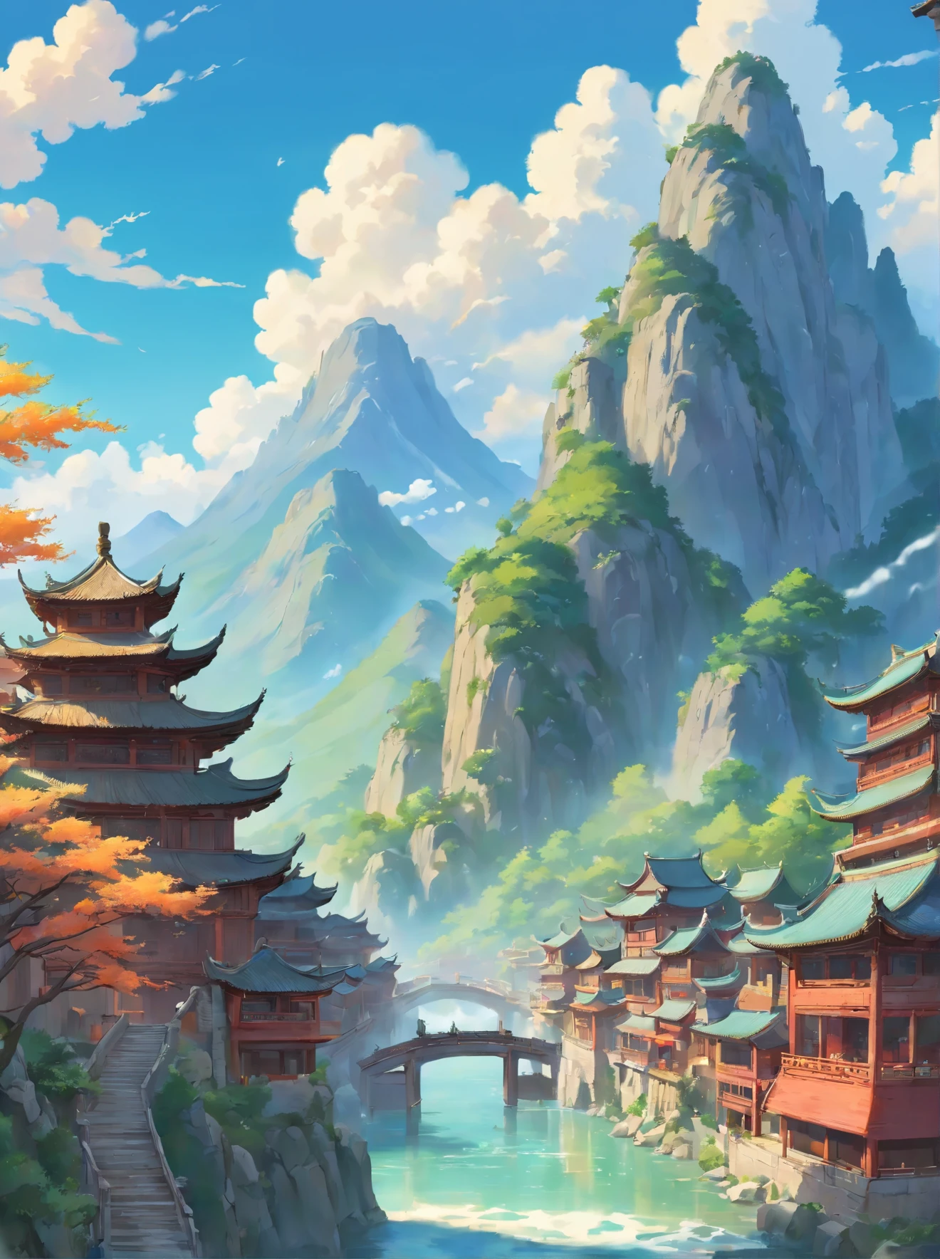 Ancient Chinese scenery, mountains, rivers, auspicious clouds, sunshine, masterpieces, super detail, epic composition, ultra HD, high quality, extremely detailed, official art, unified 8k wallpaper, Super detail, 32k -- v 6