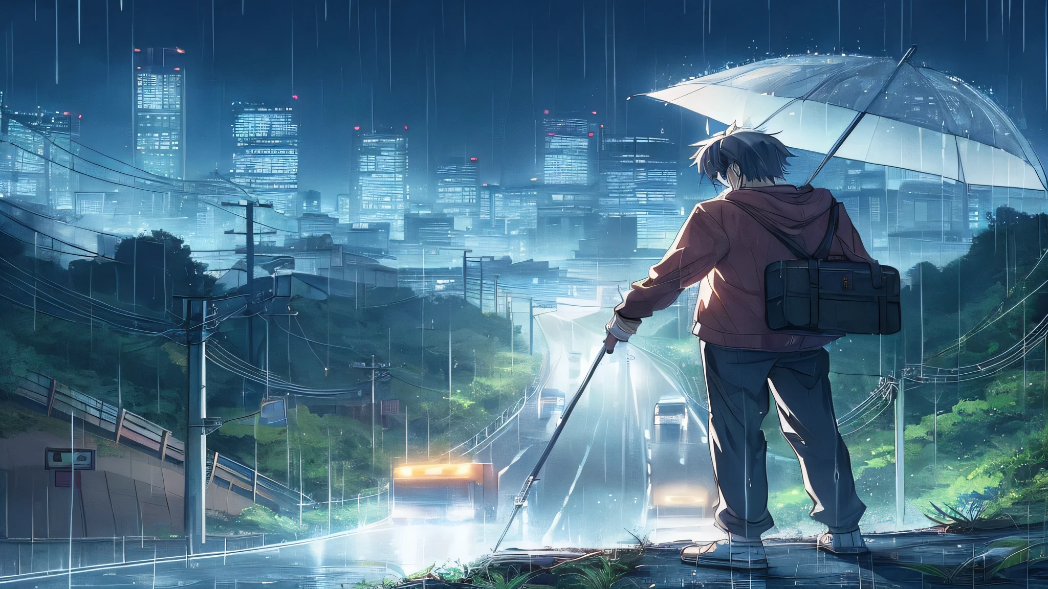 anime style man working in the rain at night on a road on hill 