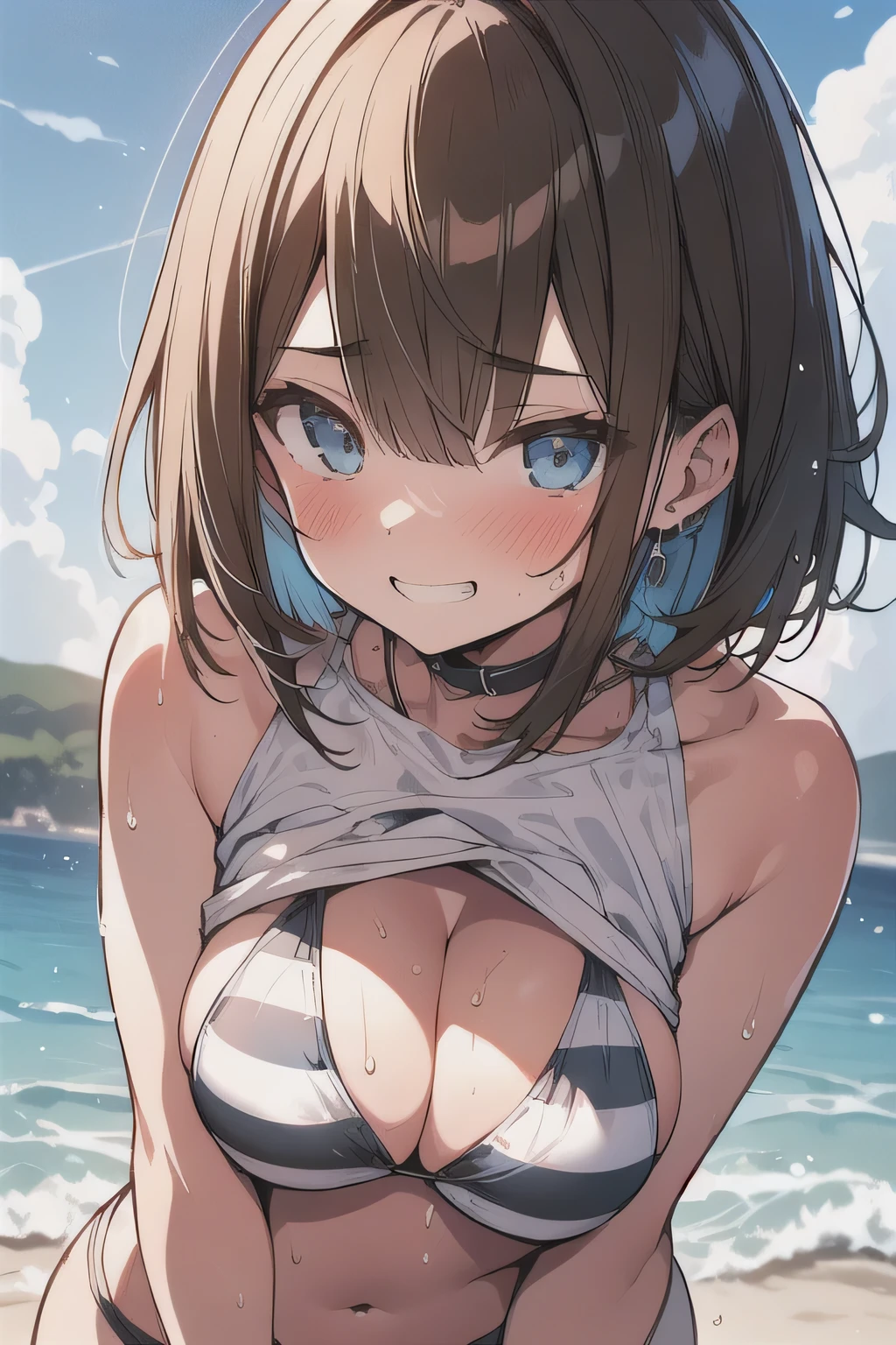 (best quality), (Super detailed), (Best Illustration), (masterpiece), (8k), (woman), look at viewer, (all fours:1.2), {(white T-shirt), (shirt lift), (show off bikini:1.3), (triangle bikini:1.2), (striped bikini:1.2)}, (large breasts), (breast cleavage), (underboob), {(detailed eyes), blue eyes}, {brown hair, (sideburns), (bob cut:1.3), curly hair, hairs between eyes, colored inner hair}, (grin), blush, earring, (wet), (sweat), (beach:1.2),