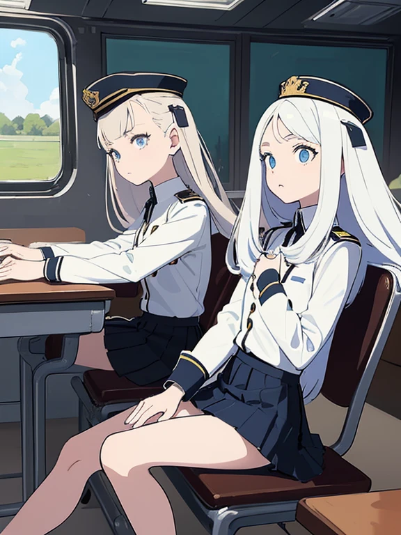 superflat, flat shading, flat colors, (masterpiece:1.2, best quality), (closeup), 2girls, young , slim, (white military outfit), pleated skirt, military hat, space cadet, sitting by desk, in classroom, put head on hand, bored, classmates in background, (spaceship interiors), futuristic, cosmos, watercolor