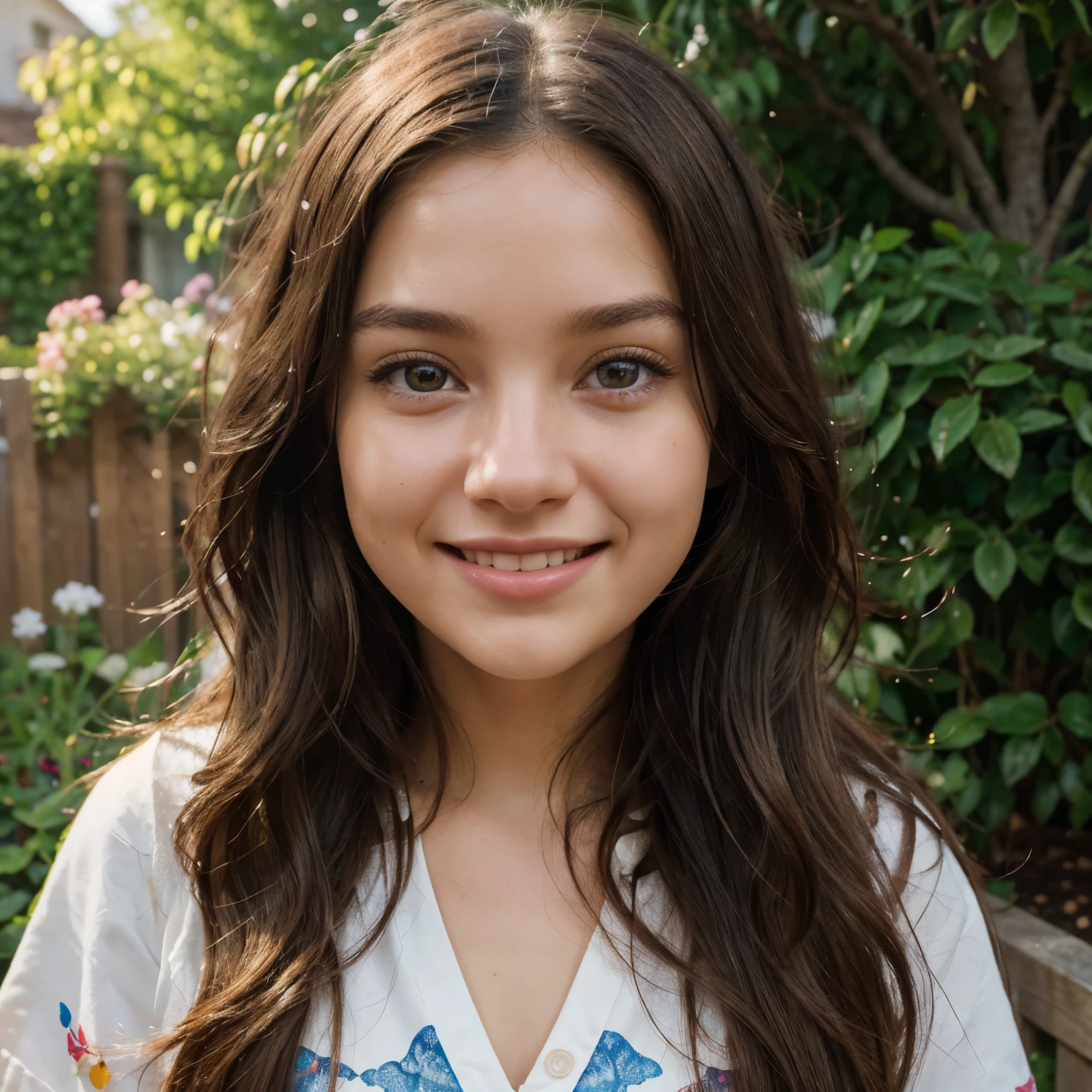 best quality,realistic,ultra-detailed,(pixar style,detailed,painted,illustration:1.1),colorful,(portrait,character:1.1),(girl:1.1,beautiful:1.1),long wavy black hair,small brown eyes,rosy cheeks,smiling face,natural lighting,soft shadows,vibrant colors,magical background,waving hair,feminine features,expressive eyes,playful expression,lively personality,stylish outfit,garden setting,artistic rendering,cartoonish,joyful atmosphere