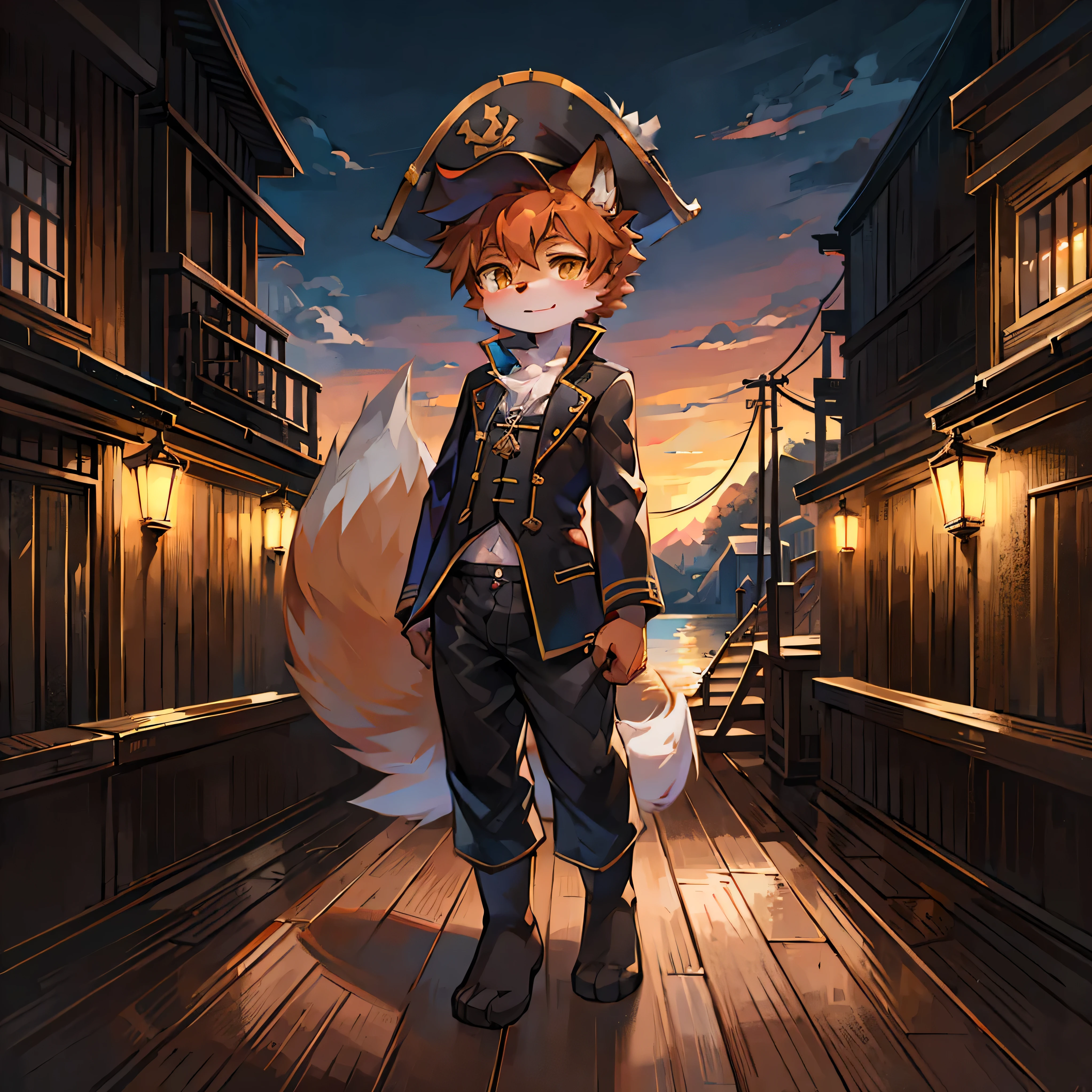 Boat deck，Fox Boy，Male focus，Furry people，Furry Shota，Characteristics of a three-year-old boy，Height 1.6 meters，pupil，Bright Eyes，Pirate hat，Black suit，Black shorts，