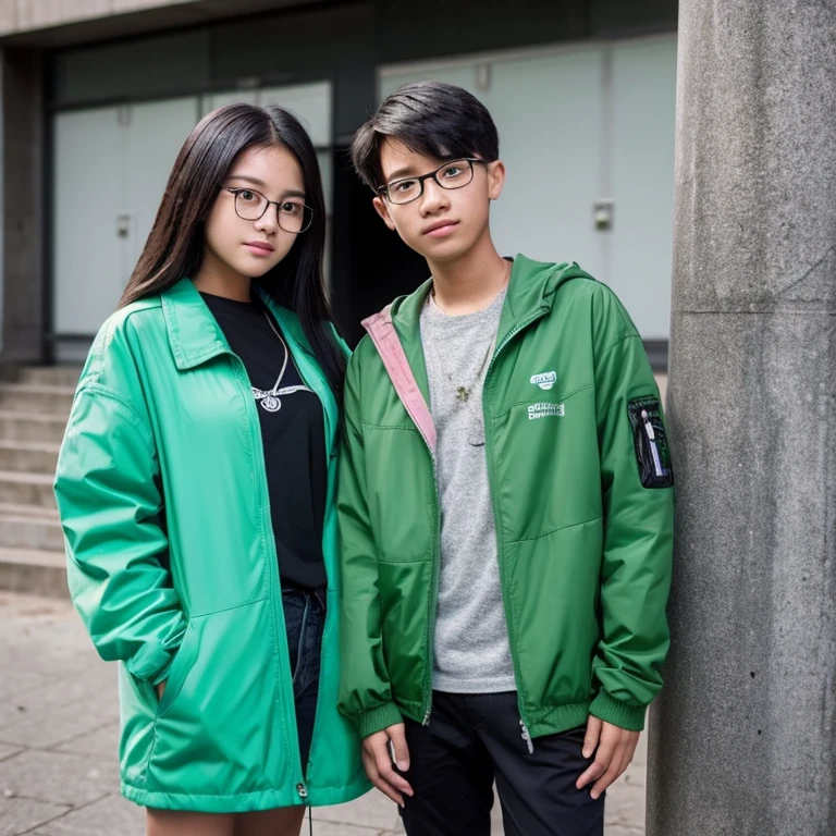 Hieu is a boy, he has a short black hair, he wears a rectangle grey glasses with a shirt spelling "gameboy" on the top left, next to him is a girl named Uyen, she has a long black hair too, and she is wearing a green jacket. They're both 13 and currently in middle school, and they're a couple (generate both of them standing next to each other)