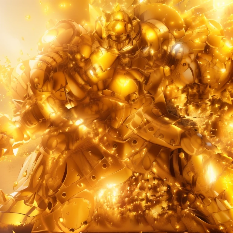 a close up of a robot with a yellow suit on, greek god in mecha style, heavy golden armour, yellow human-sized warforged, golden armor, body golden armor, yellow mech, gold armor, heavy gold armour, golden armour, tremendous mecha robot, sleek gold armor, the golden humanoid robot, robot metallic armor, gold armour, gilded shiny armour, golden armour, heavy golden armour, the golden humanoid robot, heavy gold armour, anime image of a giant robot with a huge smile on his face, solo