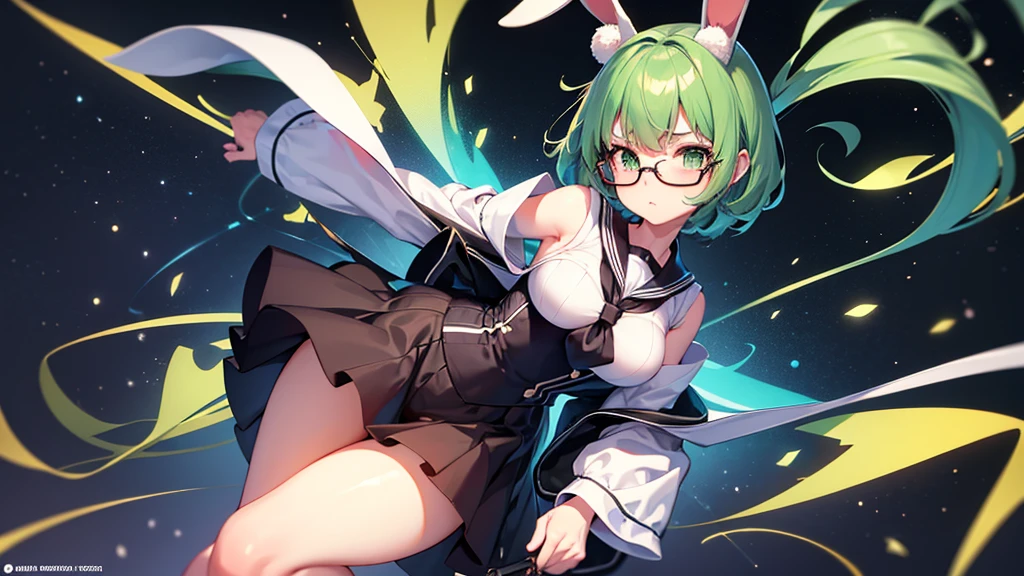 neat figure, 1 girl, teenage girl, very short hair, Air bangs, deep green hair, extremely beautiful detailed anime face and eyes, ^ ^, highly detailed skin, rabbit ears, Round rabbit tail, Black glasses without a frame on top, gun, sailor dress, Long sleeve, white skirt, black background Clothes, Japanese style architecture, space, outdoors, luminous particles, Very detailed CG unified 8k wallpaper, very fine 8KCG wallpaper, hyper quality,