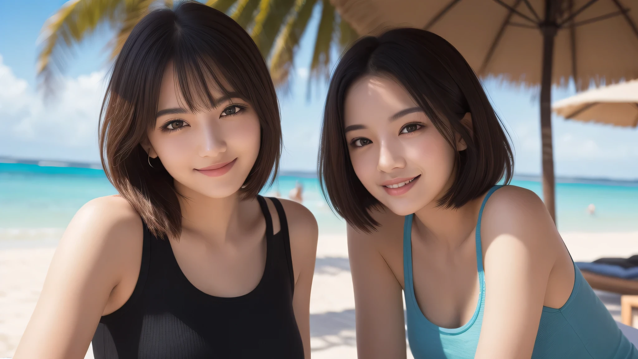 (2girl), nice smile, (Tank top:1.2), bob hair, sexy look, (Best Quality:1.4), (Ultra-detailed), (extremely detailed beautiful face), brown eyes, (highly detailed Beautiful face), (extremely detailed CG unified 8k wallpaper), Highly detailed, High-definition raw color photos, Professional Photography, Realistic portrait, Extremely high resolution, beach, Palm tree, (Fine face:1.2), sunny day