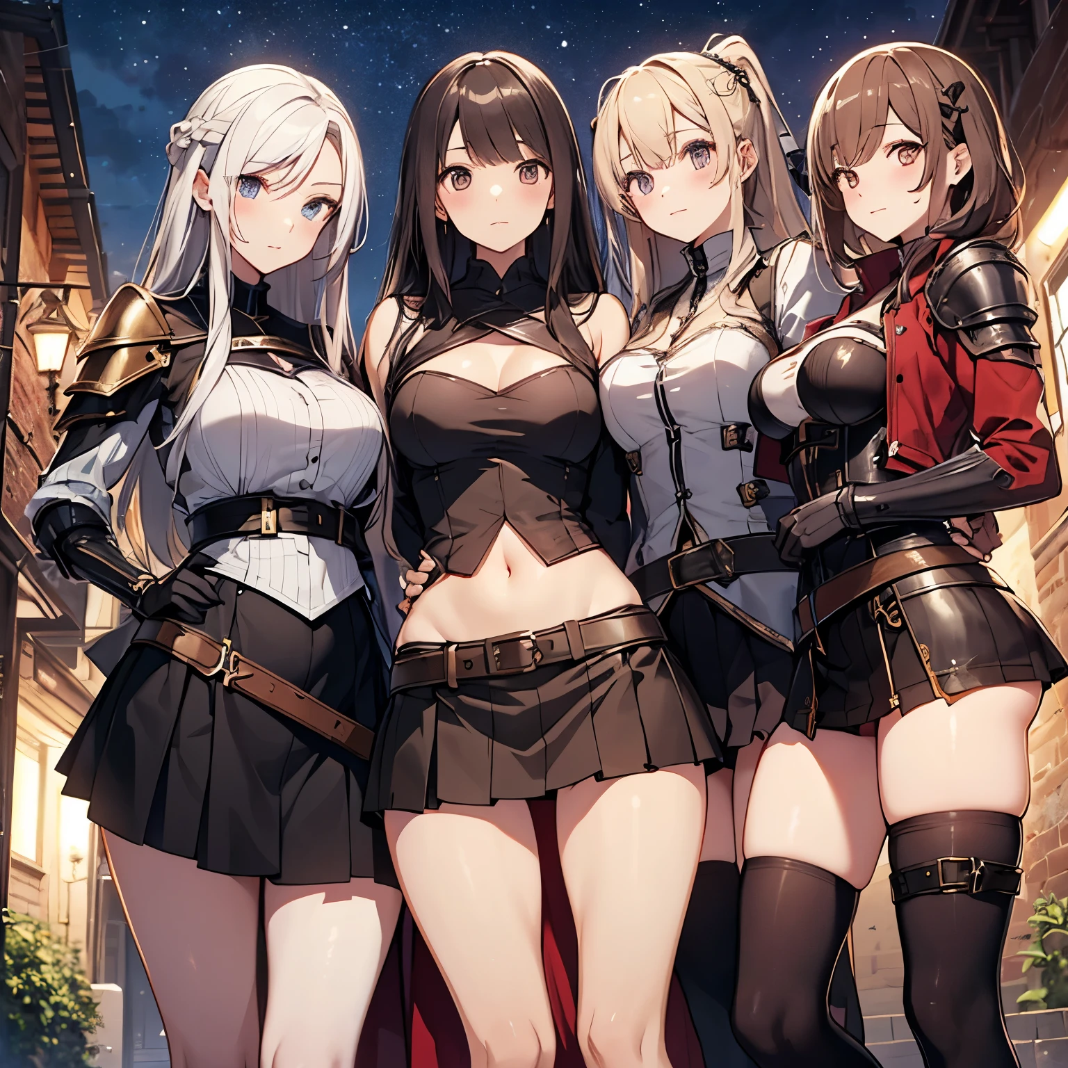 A group of female adventurers set in a medieval fantasy world, (At the pub), Mr.々Hair style, Harem, night, Detailed aspect, Short skirt, Seduce, No sleeve, armor 、showing off panties、Huge Breasts、Big Ass、wide waist width、Pulling up her skirt