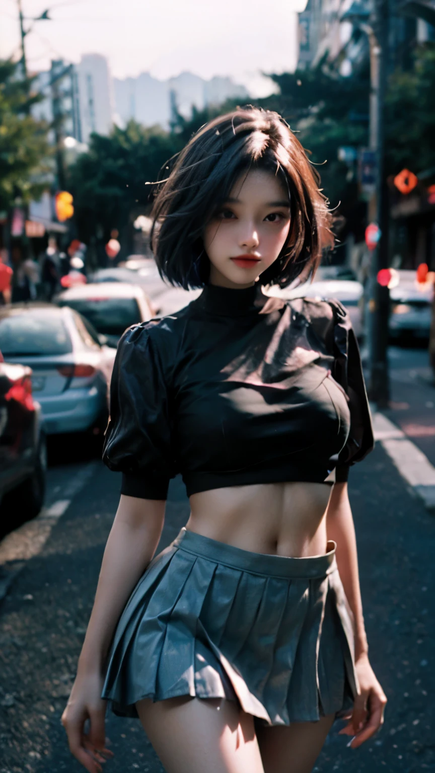 Best quality, tmasterpiece, A high resolution,8K,(realistically:1.4),超A high resolution,1 plump girl, ultra - detailed, hyper realisitc, Very detailed CG illustration, offcial art, Movie Lighting, actual, Young and beautiful girl, perfect body figure, perfect body figure, full pov, perfect body figure, (Starting below:1.3), Sensual posture, long sexy legs, Self-confident, Beautiful Sexy, short- sleeved, Open the abdomen, pleated super short skirt, S-shaped body, hip is cocked,placed in a,Sensual posture,Different Perspectives,the street