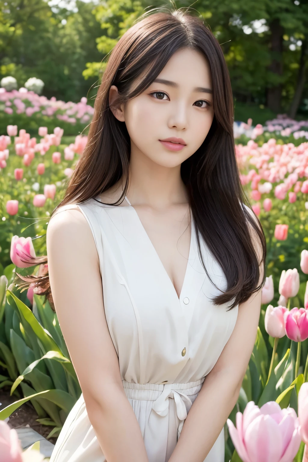 (highest quality, Very detailed, Realistic:1.37), Professional, Fine and beautiful eyes, Beautiful lip detail, Detailed facial features, Natural skin color, Perfect skin texture, Delicate expression, High-resolution images, Realistic face, Realistic skin, Real Face, Natural smile, Very detailedな髪, (Yuki), 20-year-old, (Calm Japanese female college student), Tulips、Her slim figure and flowing hair、In harmony with the natural beauty of the surrounding area。. The high-resolution image captures Very detailed realism, highlighting Yuki's captivating eyes, Delicate lips, and smooth skin tone. A stunning visual expression of tranquility and Japanese aesthetics.。.