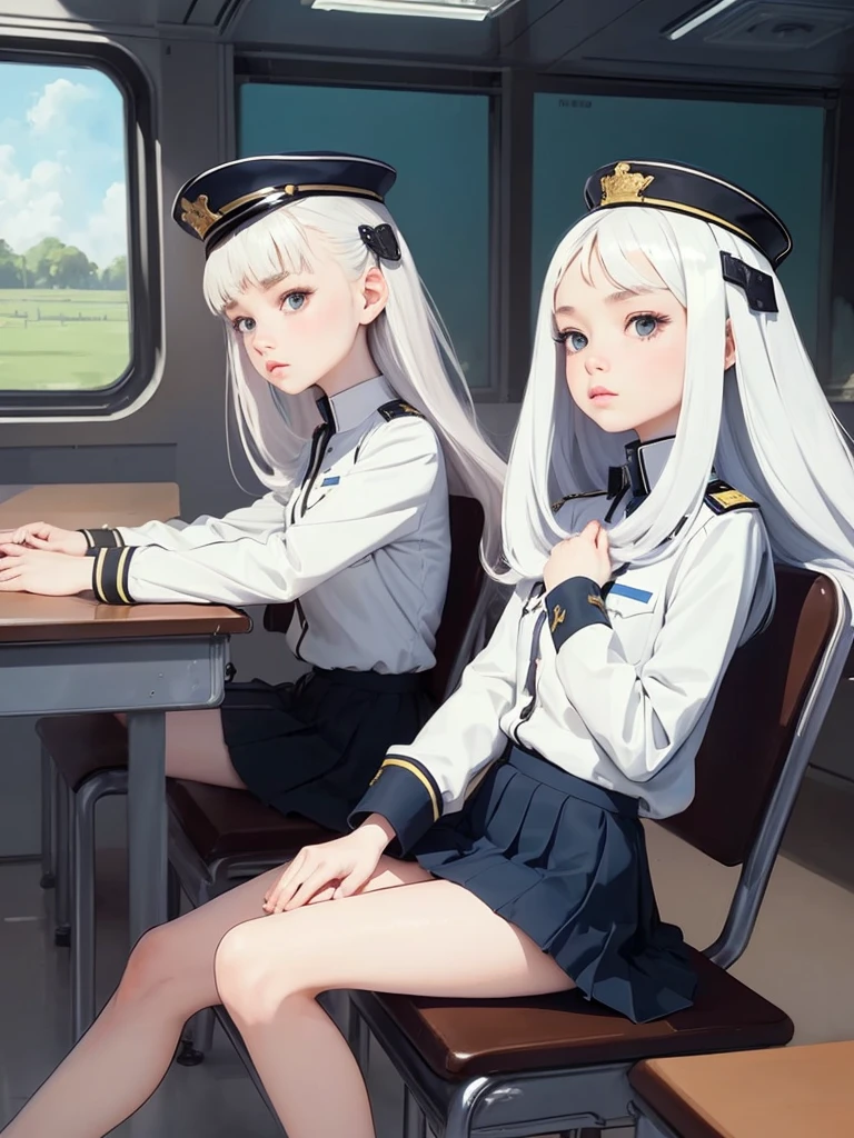 superflat, flat shading, flat colors, (masterpiece:1.2, best quality), (closeup), 2girls, young teen, slim, (white military outfit), pleated skirt, military hat, space cadet, sitting by desk, in classroom, put head on hand, bored, classmates in background, (spaceship interiors), futuristic, cosmos, watercolor