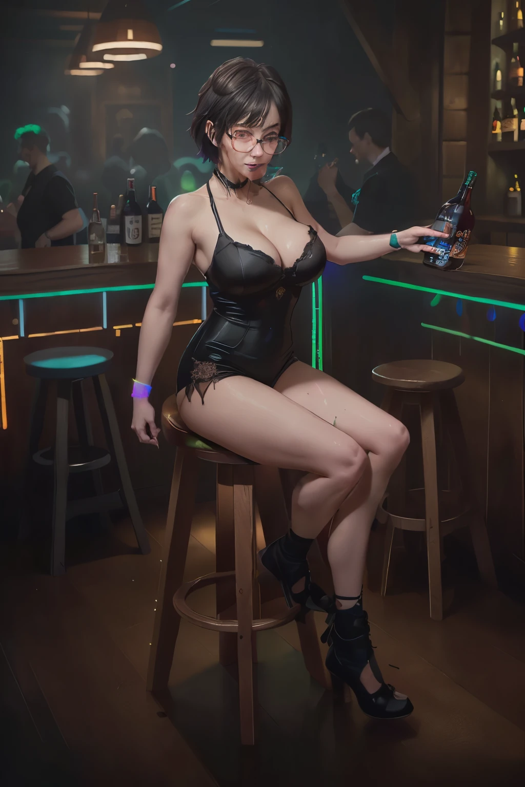 (high-energy rave:1.1),(photorealistic,vivid colors,extreme detail description),(sharp focus,ultra-detailed),(dark,moody),(glowing neon lights),oak wood bar,short haircut,knees on the stool,cocktail glasses,creepy foggy dancefloo, busty milf kneeing on the stool on drinking vodka from the bottle, extasy in beer, 