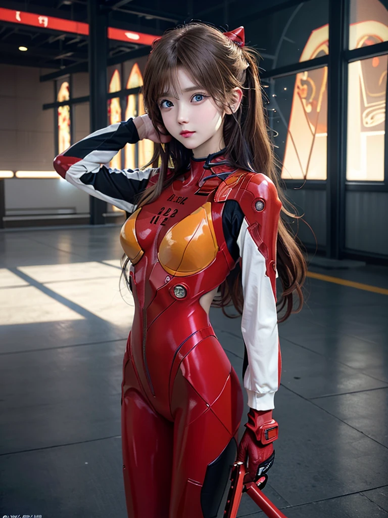 ((Best quality)), ((Masterpiece)), (Details: 1.4), 3D, Asuka Langley Soryu, Asuka, high resolution (high dynamic range), ray tracing, NVIDIA, super resolution, Unreal 5, subsurface scattering ,PBR texturing, post-processing, anisotropic filtering, depth of field, maximum sharpness and sharpness, multi-layered textures, albedo and specular maps, surface shading, accurate simulation of light and matter interaction, perfect proportions ,Octane Rendering,Two-Tone Lighting,Wide Aperture,Low ISO,White Balance,Rule of Thirds,8K RAW,(Masterpiece: 1.4, Best Quality), (Intricate Details), Unity8k Wallpaper, Highly Detailed, Beautiful and Mysterious, Details background, realistic, alone, perfectly detailed face, detailed blue eyes, highly detailed, blush, hair ornament, chignon mahogany hair, (blonde), plug suit 02, Shikinami Asuka Langley, Evangelion, Slender 15-year-old girl, full body suit, black background, above the waist,composition that shows the whole body,