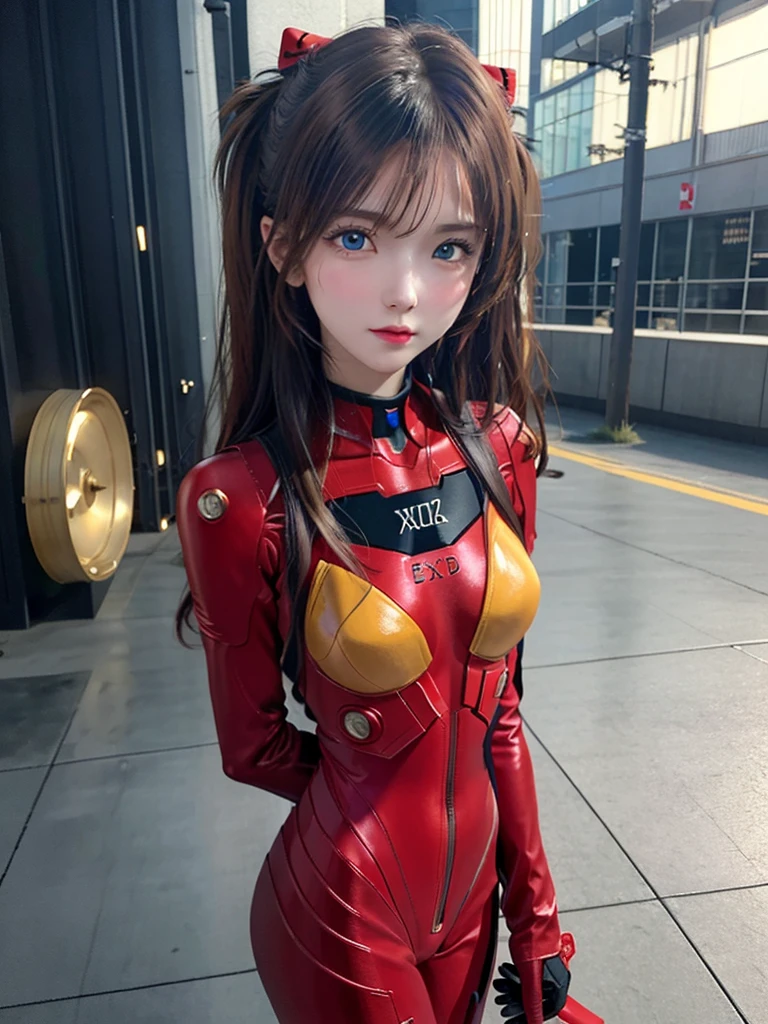 ((Best quality)), ((Masterpiece)), (Details: 1.4), 3D, Asuka Langley Soryu, Asuka, high resolution (high dynamic range), ray tracing, NVIDIA, super resolution, Unreal 5, subsurface scattering ,PBR texturing, post-processing, anisotropic filtering, depth of field, maximum sharpness and sharpness, multi-layered textures, albedo and specular maps, surface shading, accurate simulation of light and matter interaction, perfect proportions ,Octane Rendering,Two-Tone Lighting,Wide Aperture,Low ISO,White Balance,Rule of Thirds,8K RAW,(Masterpiece: 1.4, Best Quality), (Intricate Details), Unity8k Wallpaper, Highly Detailed, Beautiful and Mysterious, Details background, realistic, alone, perfectly detailed face, detailed blue eyes, highly detailed, blush, hair ornament, chignon mahogany hair, (blonde), plug suit 02, Shikinami Asuka Langley, Evangelion, Slender 15-year-old girl, full body suit, black background, above the waist,composition that shows the whole body,