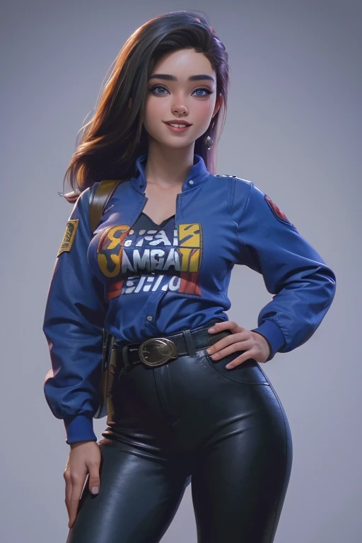 mejor calidad, high resolution, Y18, 1 chica, androide 18, solo girl, 1 chica, pelo rubio, blue eyes, Capitana Marvel, belt, botas rojas, body largo azul y rojo, bufanda larga de piloto, Camisa azul de manga larga, pendientes, guantes rojos, pechos medianos, tiro de vaquero, sonrisa sexy, postura de combate.