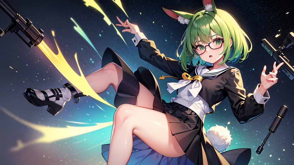 neat figure, 1 girl, teenage girl, very short hair, Air bangs, deep green hair, extremely beautiful detailed anime face and eyes, ^ ^, highly detailed skin, rabbit ears, Round rabbit tail, Black glasses without a frame on top, (((gun))), sailor dress, Long sleeve, white skirt, black background Clothes, Japanese style architecture, space, outdoors, luminous particles, Very detailed CG unified 8k wallpaper, very fine 8KCG wallpaper, hyper quality,