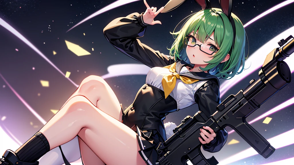 neat figure, 1 girl, age girl, very short hair, Air bangs, deep green hair, extremely beautiful detailed anime face and eyes, ^ ^, highly detailed skin, rabbit ears, Round rabbit tail, Black glasses without a frame on top, (((gun))), sailor dress, Long sleeve, white skirt, black background Clothes, Japanese style architecture, space, outdoors, luminous particles, Very detailed CG unified 8k wallpaper, very fine 8KCG wallpaper, hyper quality,