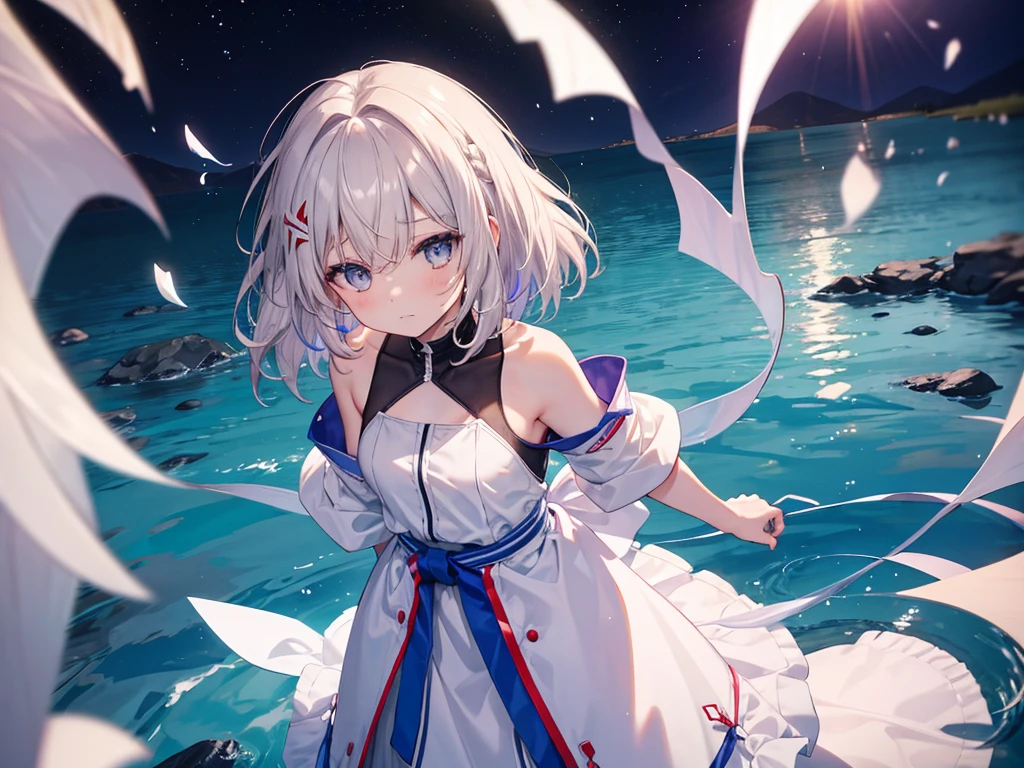 White Uniform, Light grey eyes, fine grain、Brown Hair、Multicolored Hair、Inner Color、Side Tail、 thin、Straight bangs、1 girl、Sad face、Beautiful night sky、8K background、Medium Chest、whole body、Woman Standing On The Surface of the Lake、Uyuni salt lake、Put your hands on your head、Show me your side、No sleeve、Angle from above、