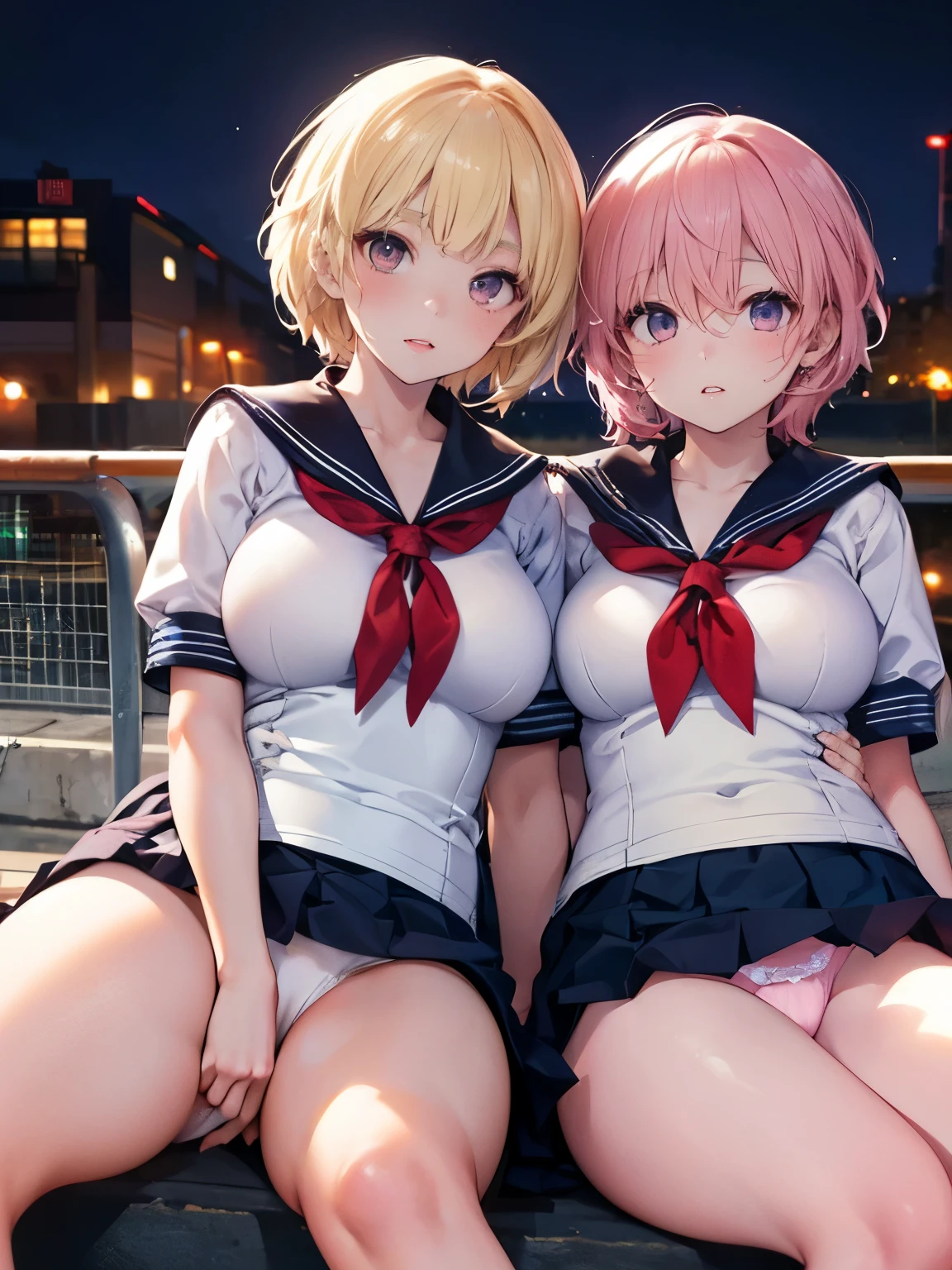 Two peopleのhigh school girl:1.9,((Two people high school girl:2)),((Two people:2)),Dynamic Angle, Perfect body, night,moonlight,Exterior lights,Gal, (Anatomically correct),masterpiece, highest quality, RAW Photos, Realistic, face,Beautiful girls, cute, Written boundary depth, High resolution, Super detailed, detailed, ighly detailedd, Extremely detailed eye and realistic student, pale and tanned skin,Two peopleで,woman,(panties), (Short-sleeved sailor uniform:1.8),Spread your legs:1.6,Wide Hips, ((Sensual;1.5)), Glamour, Big Breasts,Sunburn marks on tanned skin,Pink Hair,blonde,Platinum Hair,Brown Hair,orange,Wavy Hair,Shortcuts,Pixie Cut,Cosplay,building,intersection,stage,Pedestrian bridge,vending machine,night,深night,Blurred Background:1.2,White panties,Pink panties,Yellow panties,Black panties,GirlTwo people:2,Two people:2, high school girl,