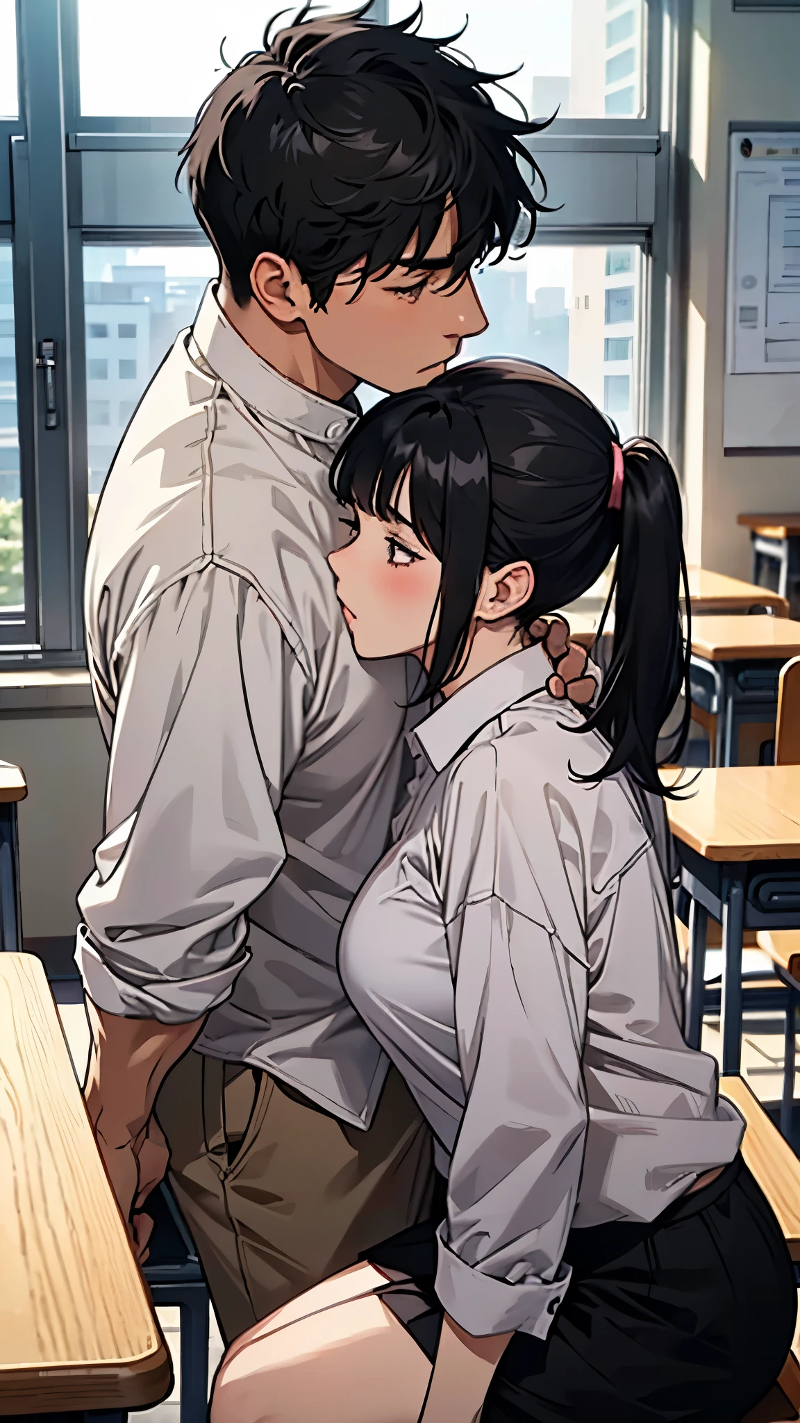 A large, middle-aged man with short black hair and a tough look、A female student with white hair, pigtails and large breastan and woman lovers、kissing in the classroom、