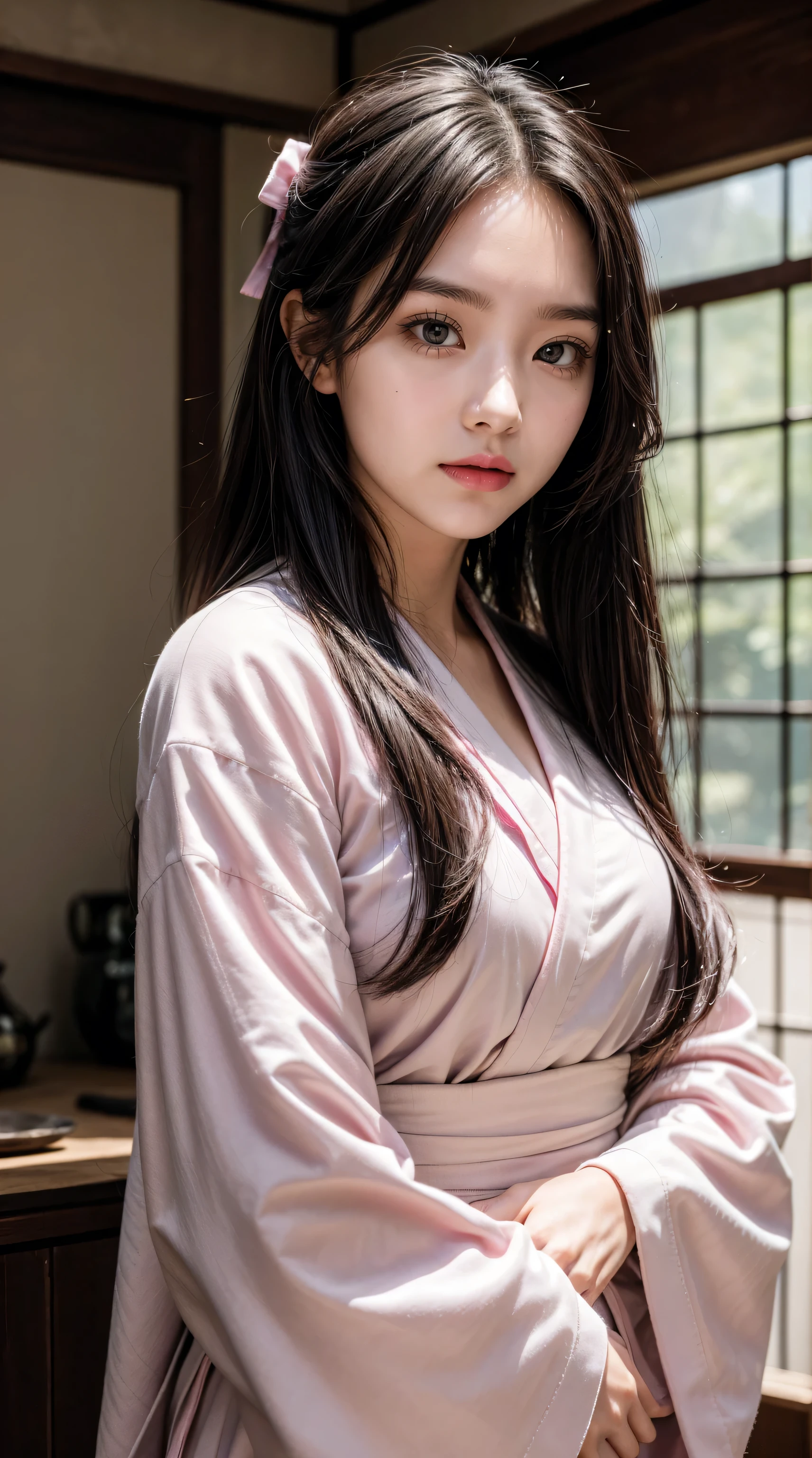 masterpiece, (Reality:1.5), Realistic eyes, Asian woman, best quality, Beautiful Lights, Professional lighting, Photon Mapping, Radiosity, Physically Based Rendering,, Nezuko Kamado, 1 Girl, Black Hair, forehead, hair ribbon, Japanese clothes, kimono, Long hair, Colorful hair, open mouth, Pink Eyes, pink kimono, pink ribbon, ribbon, Smile, very Long hair, Sky, ((grown up)),, (original photo, 8K Ultra HD, Film Grain)