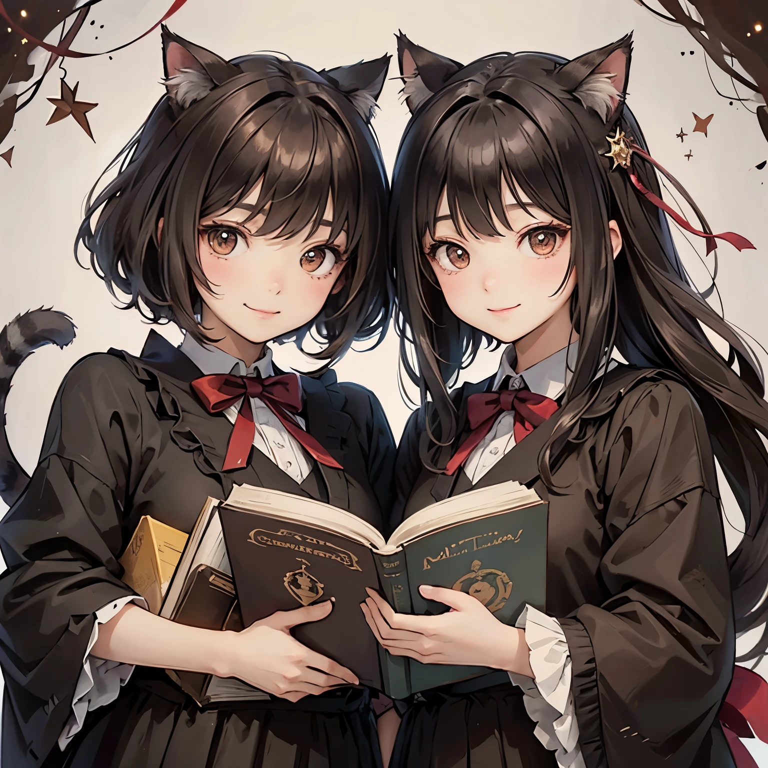 Chunky dictionaries、日Bookの旗、Cat with a dark brown ribbon、Dark brown hair、Dark brown eyes、Dark brown clothes、Book、constitution、smile