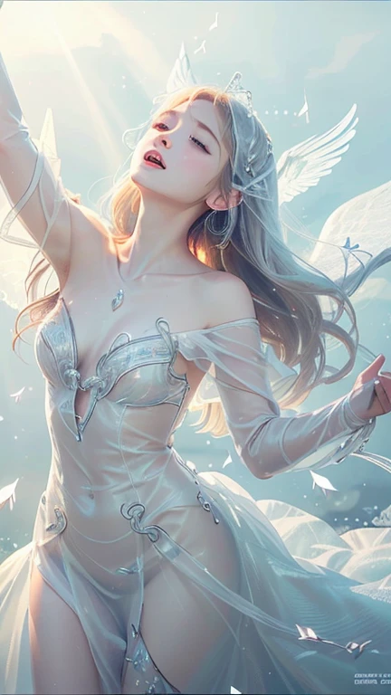 White Background、Professional Lighting、(((Professional Lighting 1.5)))、Translucent skin texture、Clear Skin、Beautiful Skin、、Off the shoulder、White Dress、See-through、Angel wings are fluttering、(((Ecstasy of Musical Notes)))、